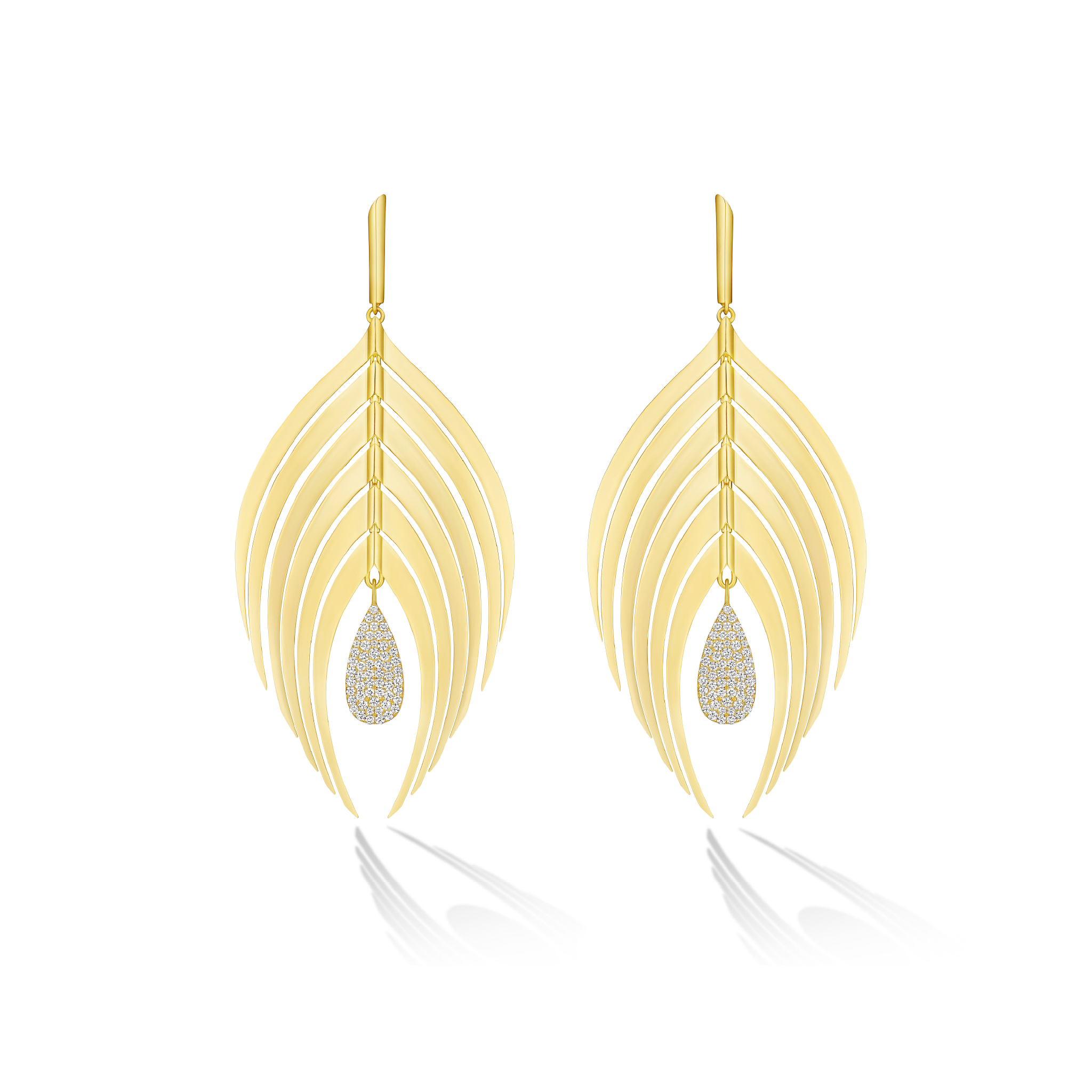 A pair of gold drop earrings with a curved, layered feather-like design and a small teardrop-shaped pavé diamond pendant on each earring, shown on a white background with a soft reflection.