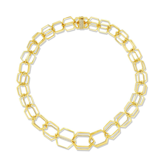 Yellow Gold B Home Hero Hexagon Link Necklace with White Diamonds - CADAR