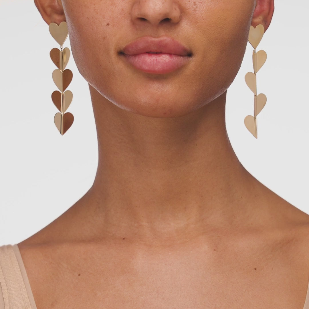 Large 18k yellow gold heart drop earrings