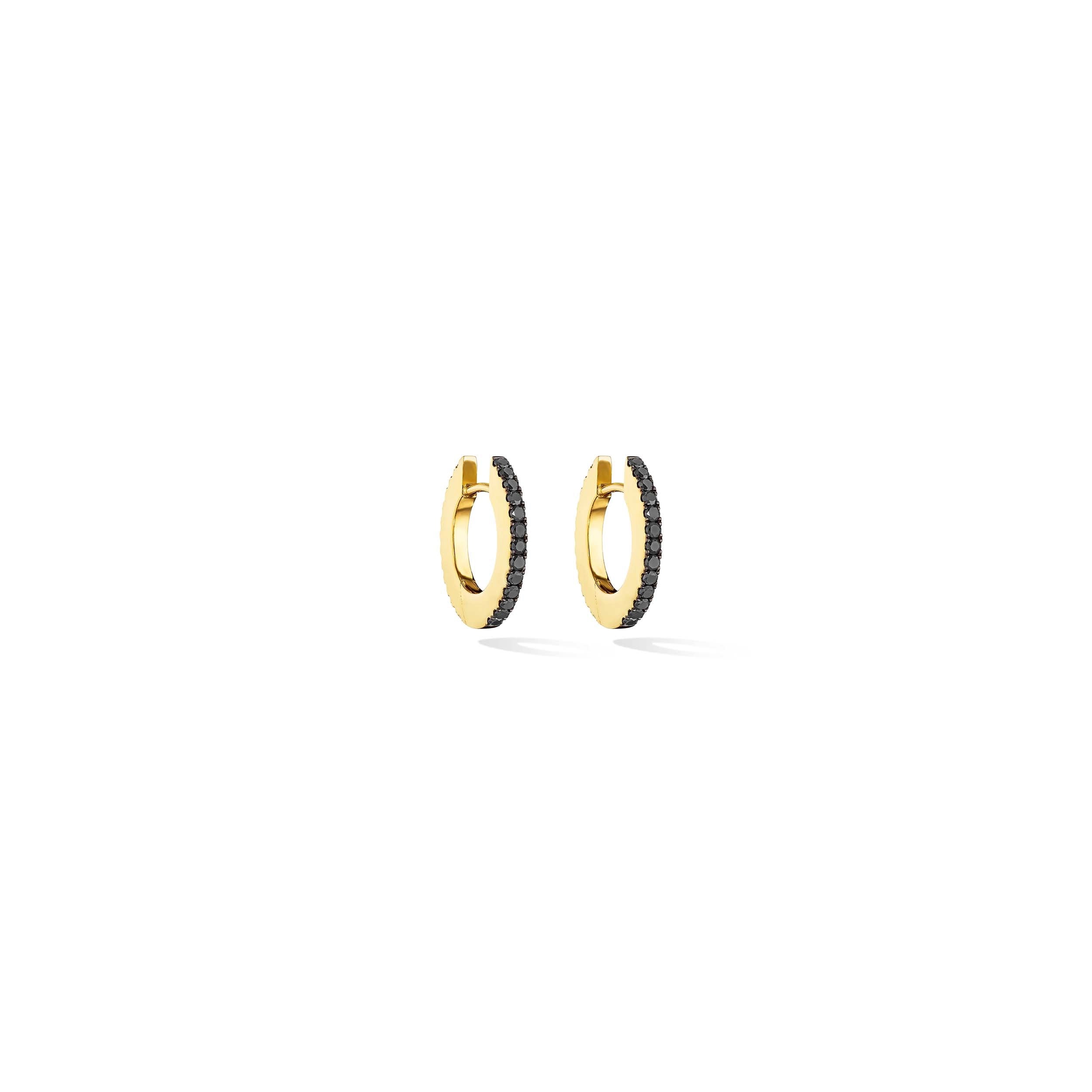 Small Yellow Gold Solo Hoop Earrings with Black and White Diamonds - Cadar