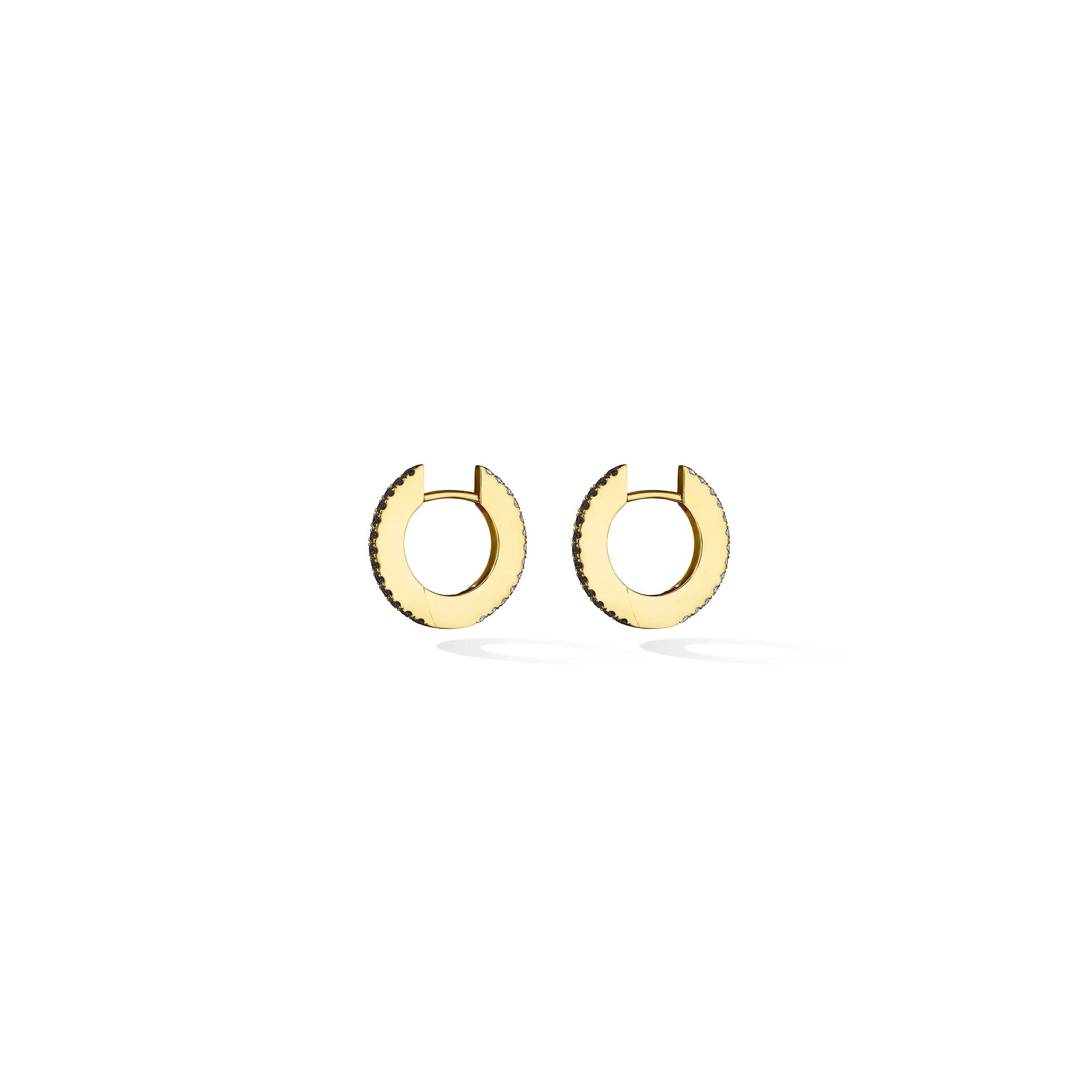 Small Yellow Gold Solo Hoop Earrings with Black and White Diamonds - Cadar