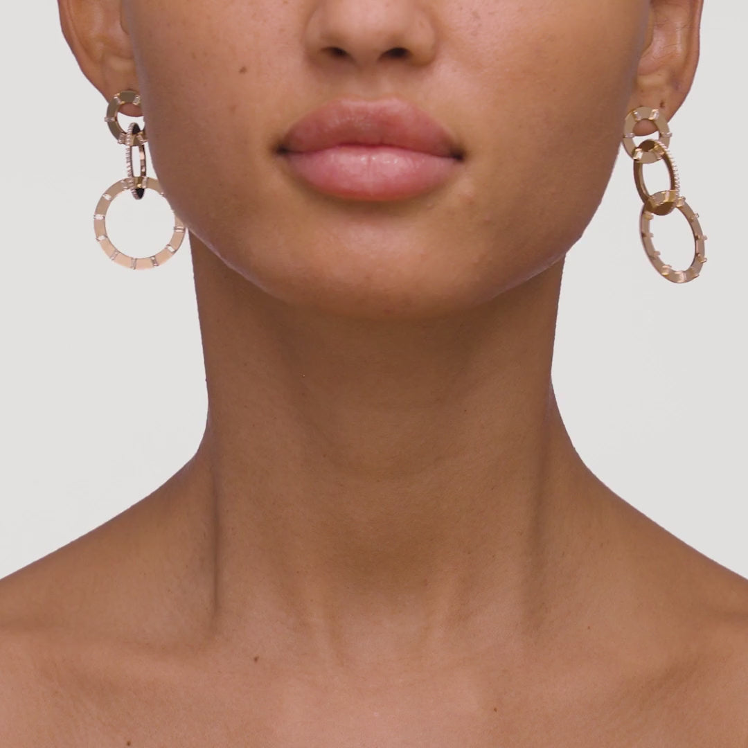 Large 18k yellow gold circle drop earrings with white diamonds