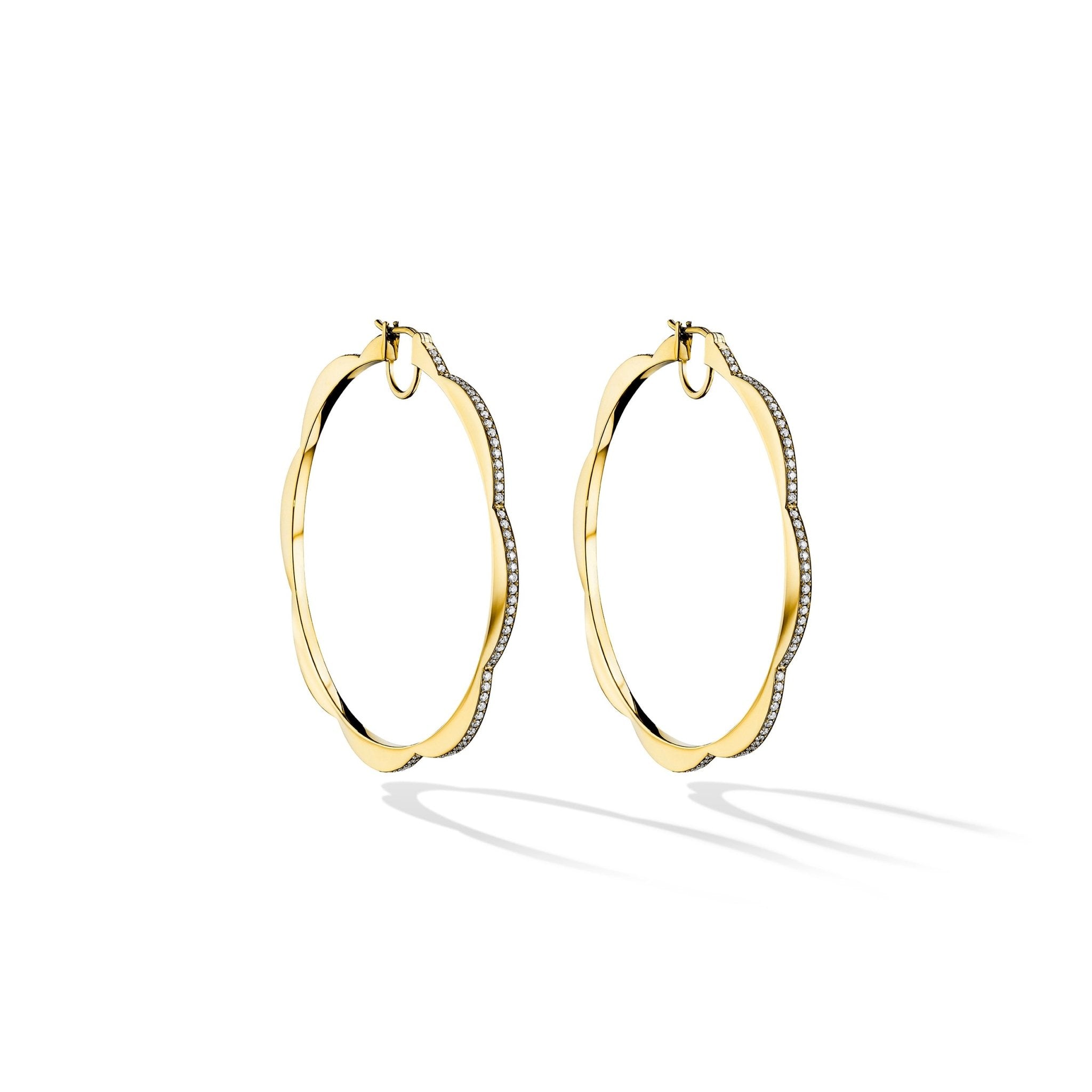 Jumbo Yellow Gold Triplet Hoop Earrings with Black and White Diamonds - Cadar