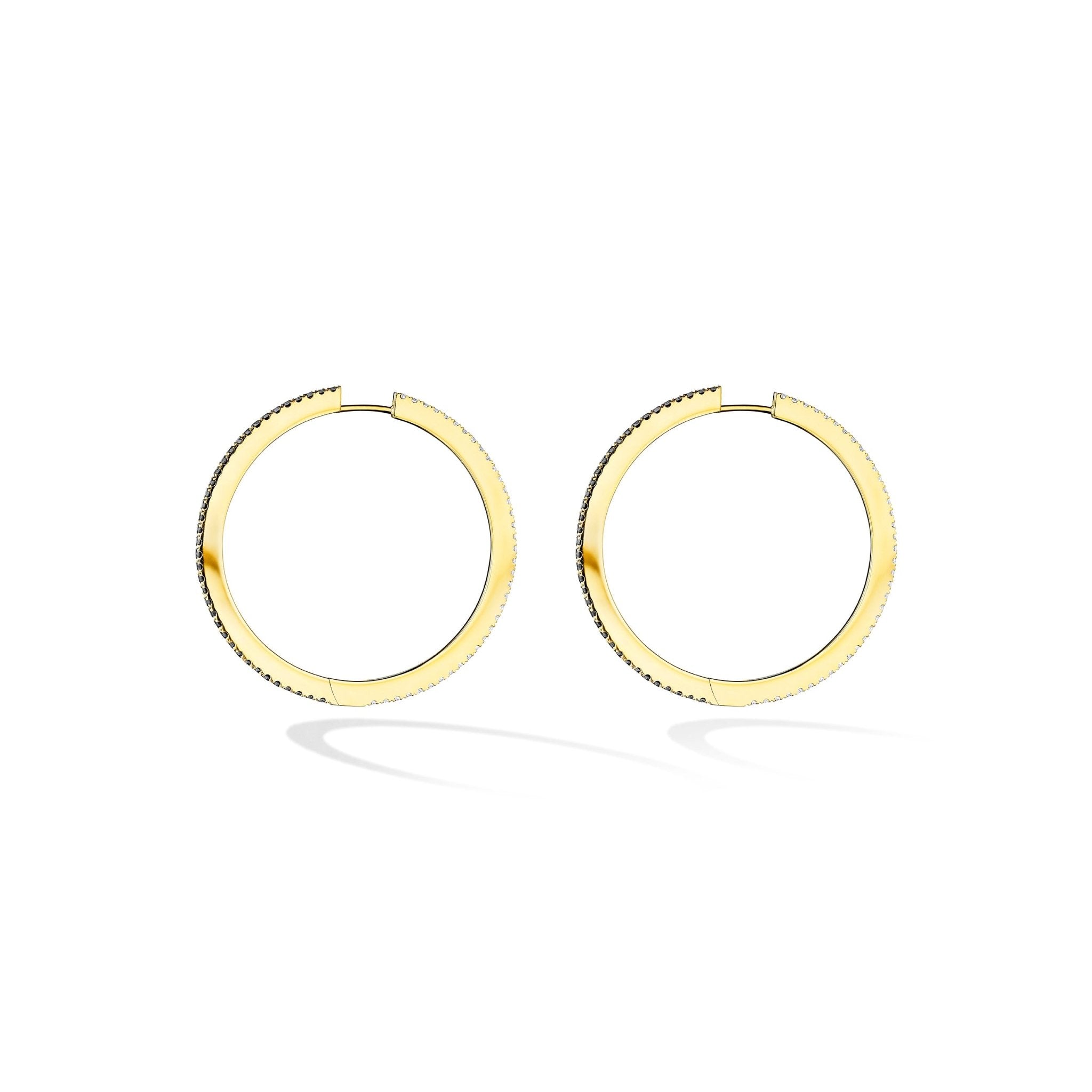 Large Yellow Gold Solo Hoop Earrings with White and Black Diamonds - Cadar