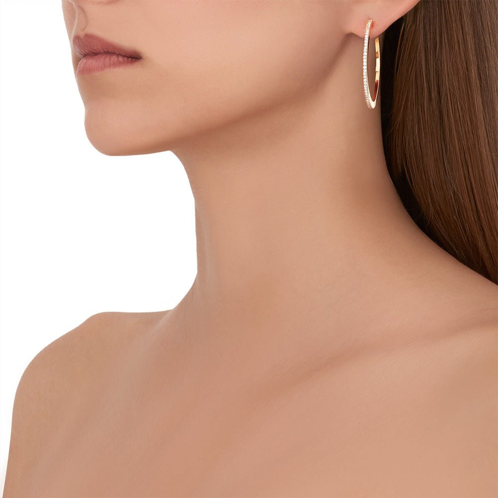 Large Yellow Gold Solo Hoop Earrings with White and Black Diamonds - Cadar