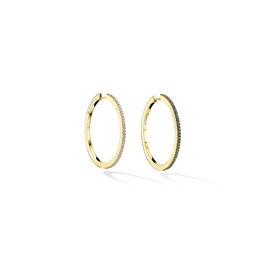 Large Yellow Gold Solo Hoop Earrings with White and Black Diamonds - Cadar