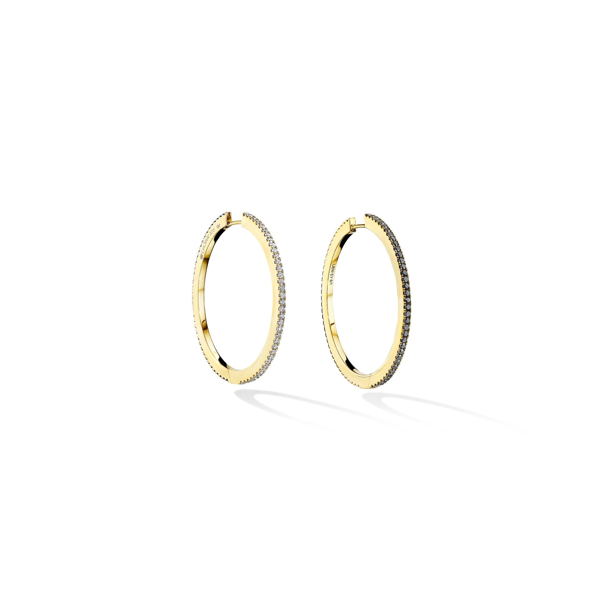 Large Yellow Gold Solo Hoop Earrings with White and Black Diamonds - Cadar