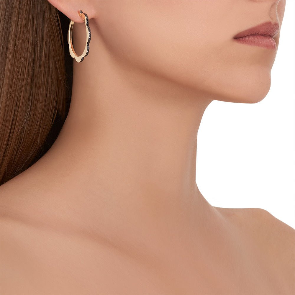 Large Yellow Gold Triplet Hoop Earrings with Black and White Diamonds - Cadar