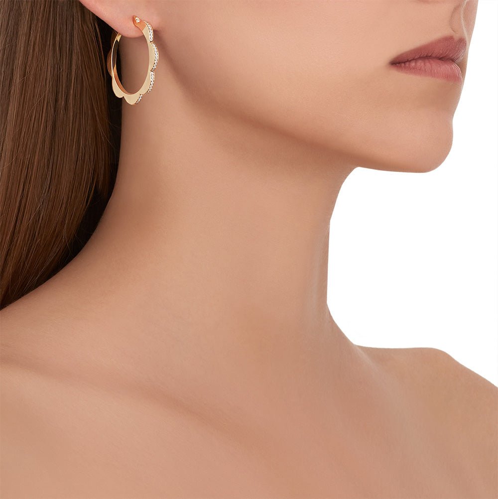 Large Yellow Gold Triplet Hoop Earrings with Black and White Diamonds - Cadar