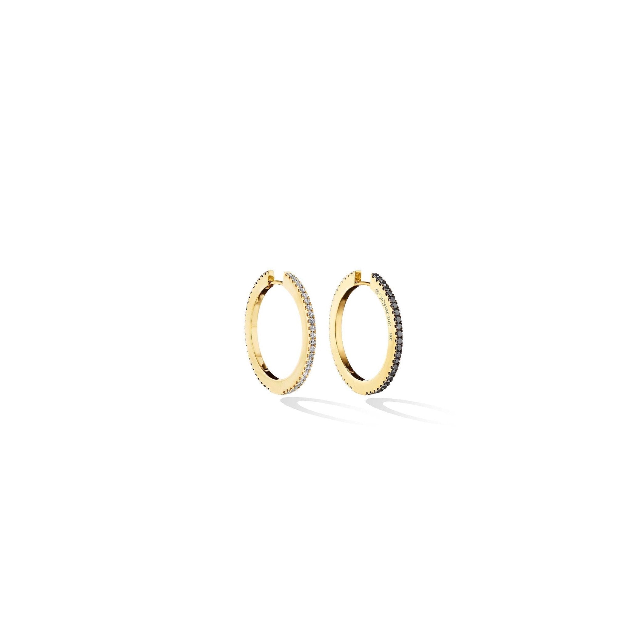 Medium Yellow Gold Solo Hoop Earrings with White and Black Diamonds - Cadar