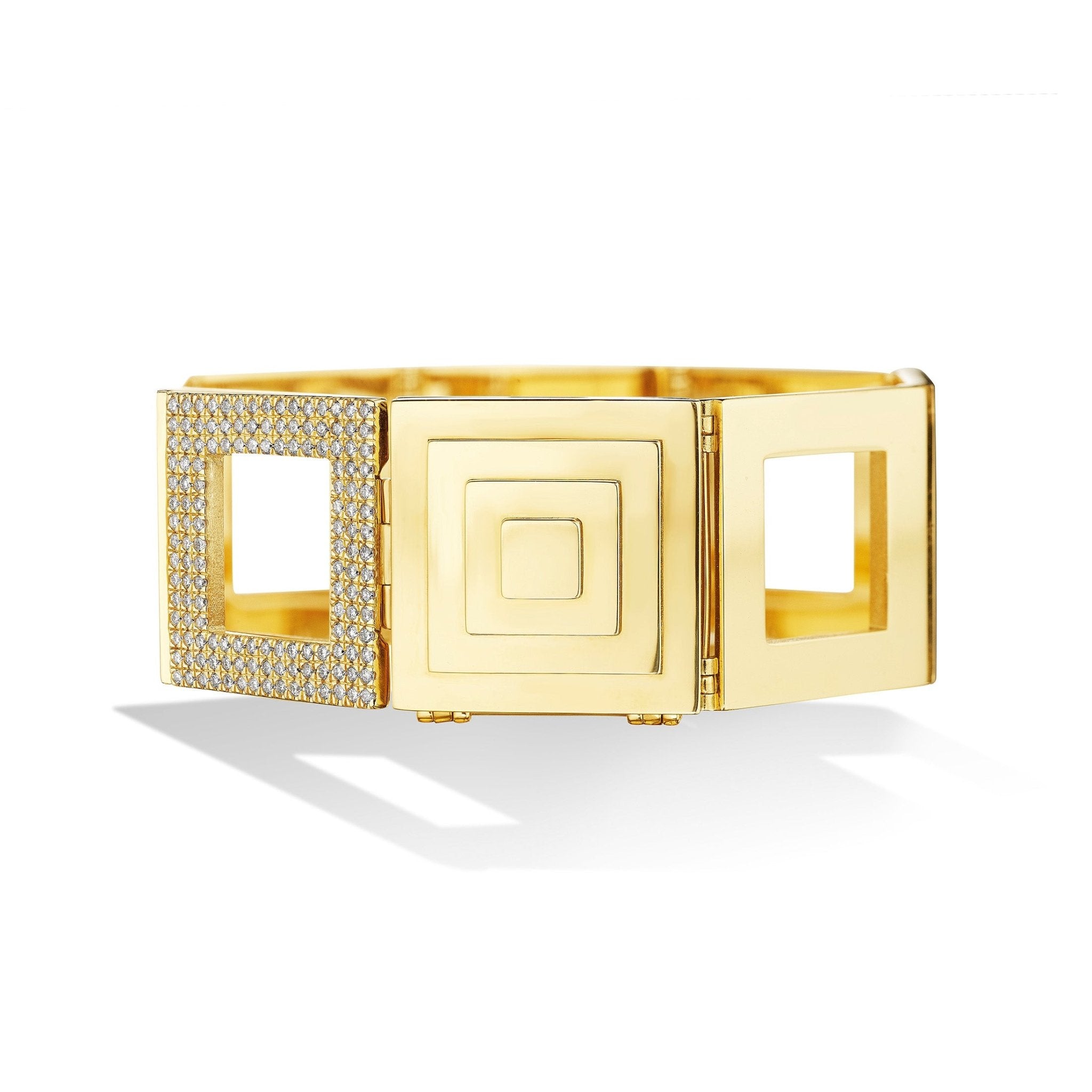 Wide Small Yellow Gold Foundation Statement Bracelet with Pave Diamonds - CADAR