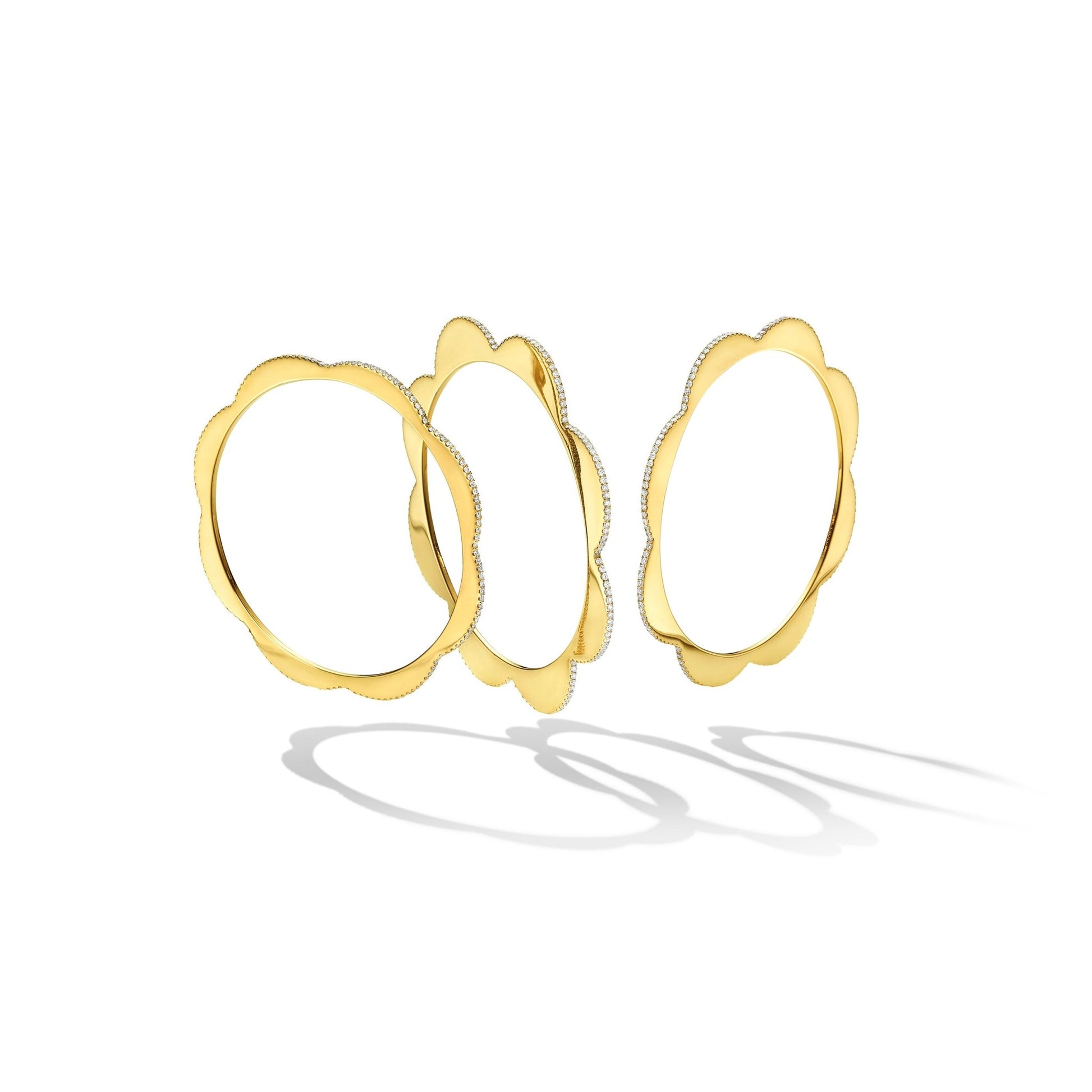 Yellow Gold Triplet Wide Bangle with White Diamonds - Cadar
