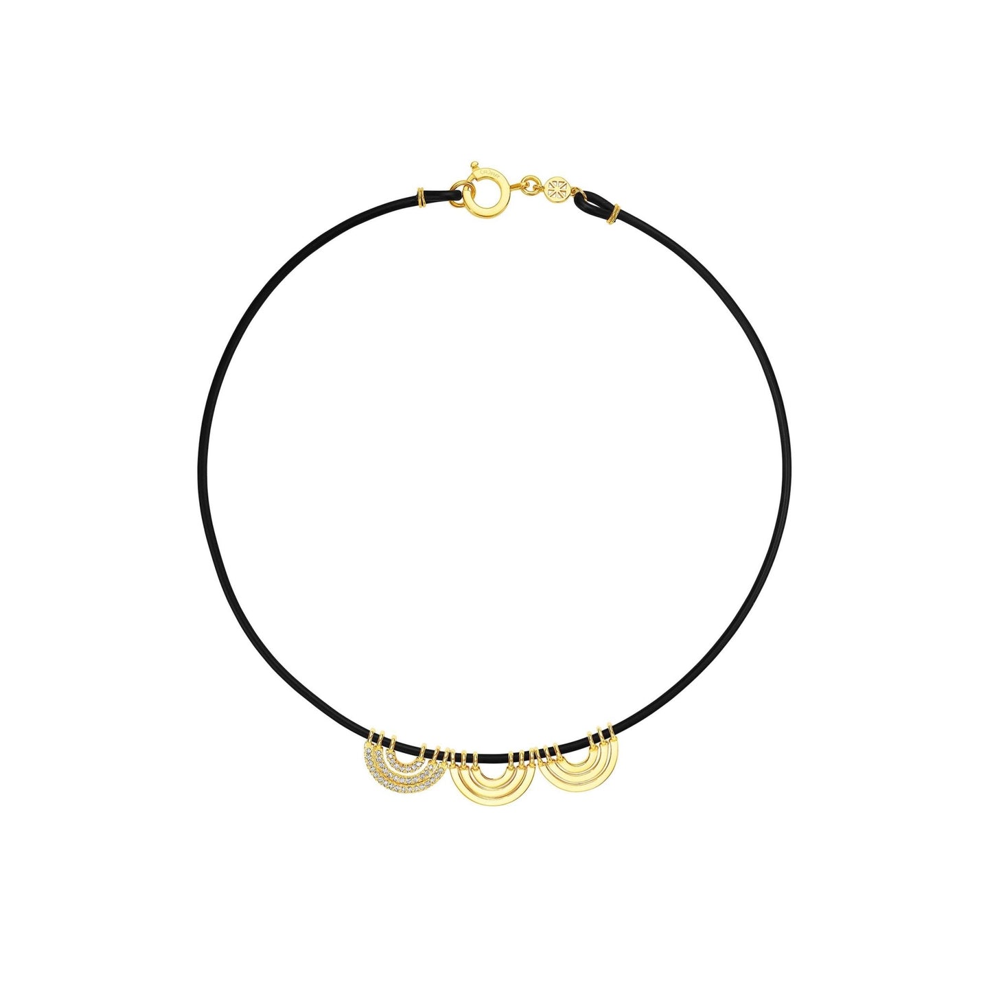 Yellow Gold Water Alternative Necklace with Black Rubber and 3 Wave Beads with Diamonds - Cadar