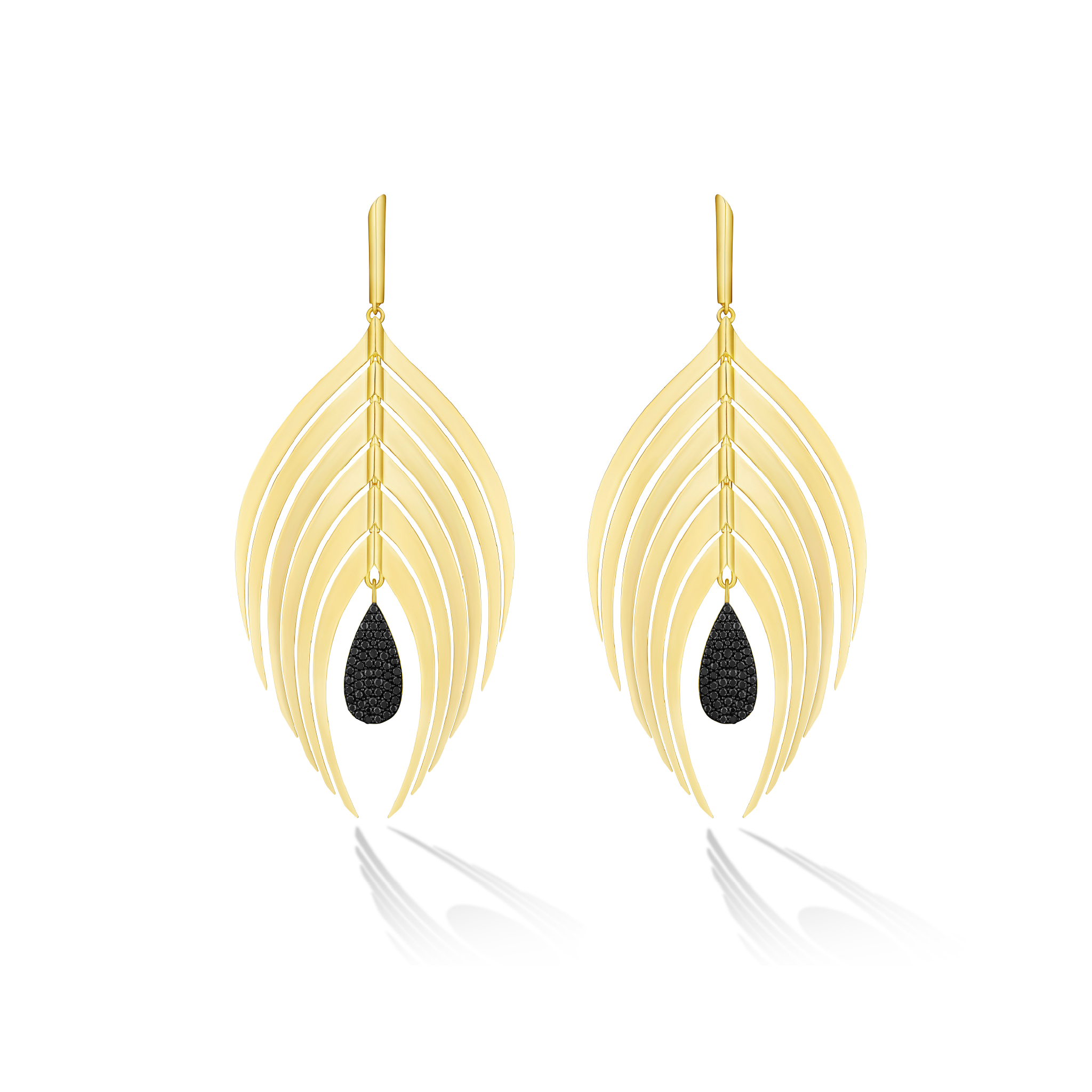 A pair of gold drop earrings shaped like stylized feathers with a small black teardrop pendant hanging from each earring, shown on a clean white background.