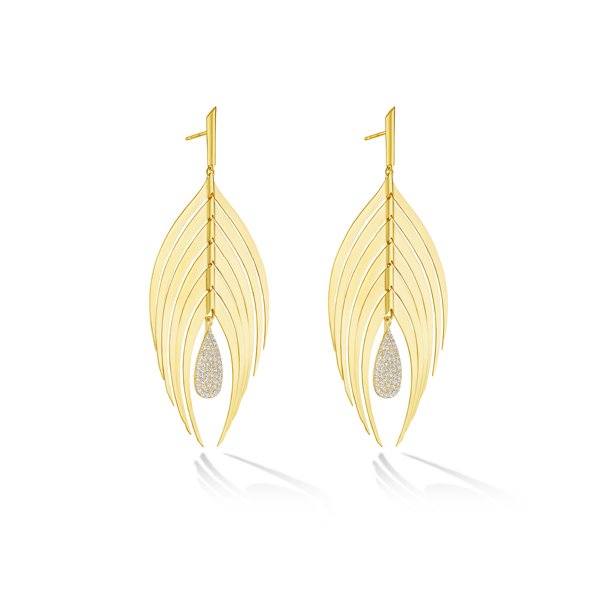 A pair of gold drop earrings designed to look like elongated feathers, with a teardrop-shaped pavé diamond accent hanging from the center of each earring, shown on a white background with a soft reflection.