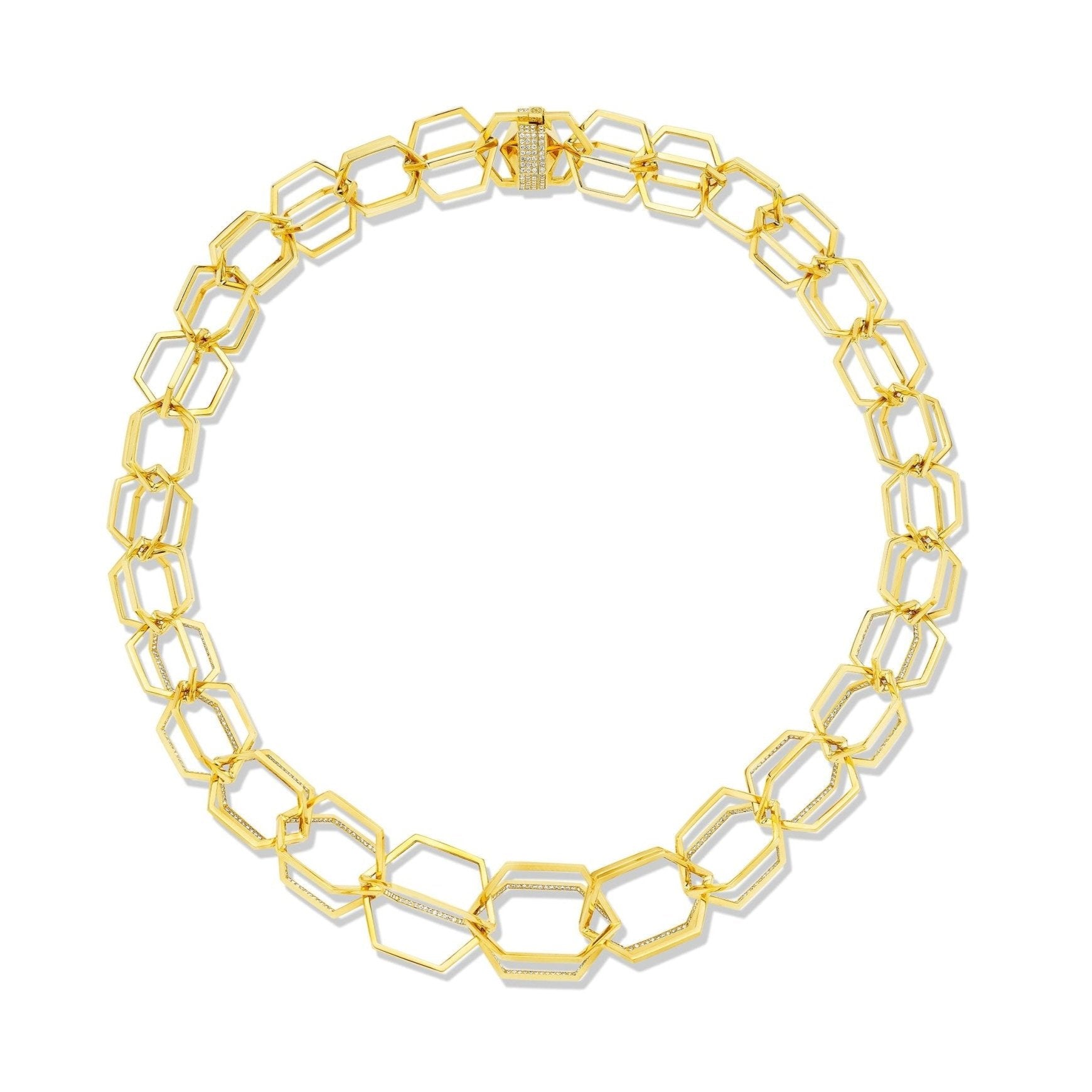 Yellow Gold B Home Hero Hexagon Link Necklace with White Diamonds - CADAR