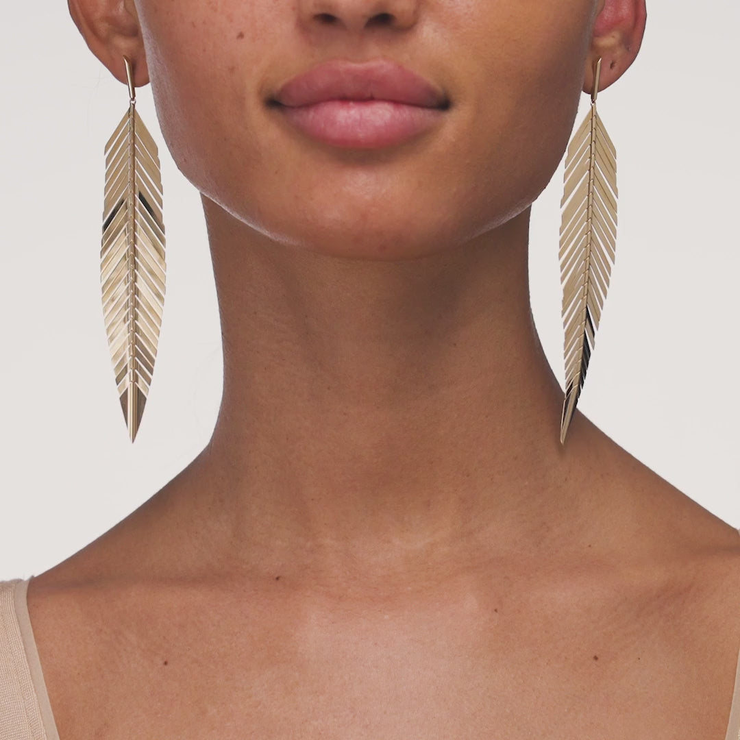 Large 18k yellow gold feather earrings