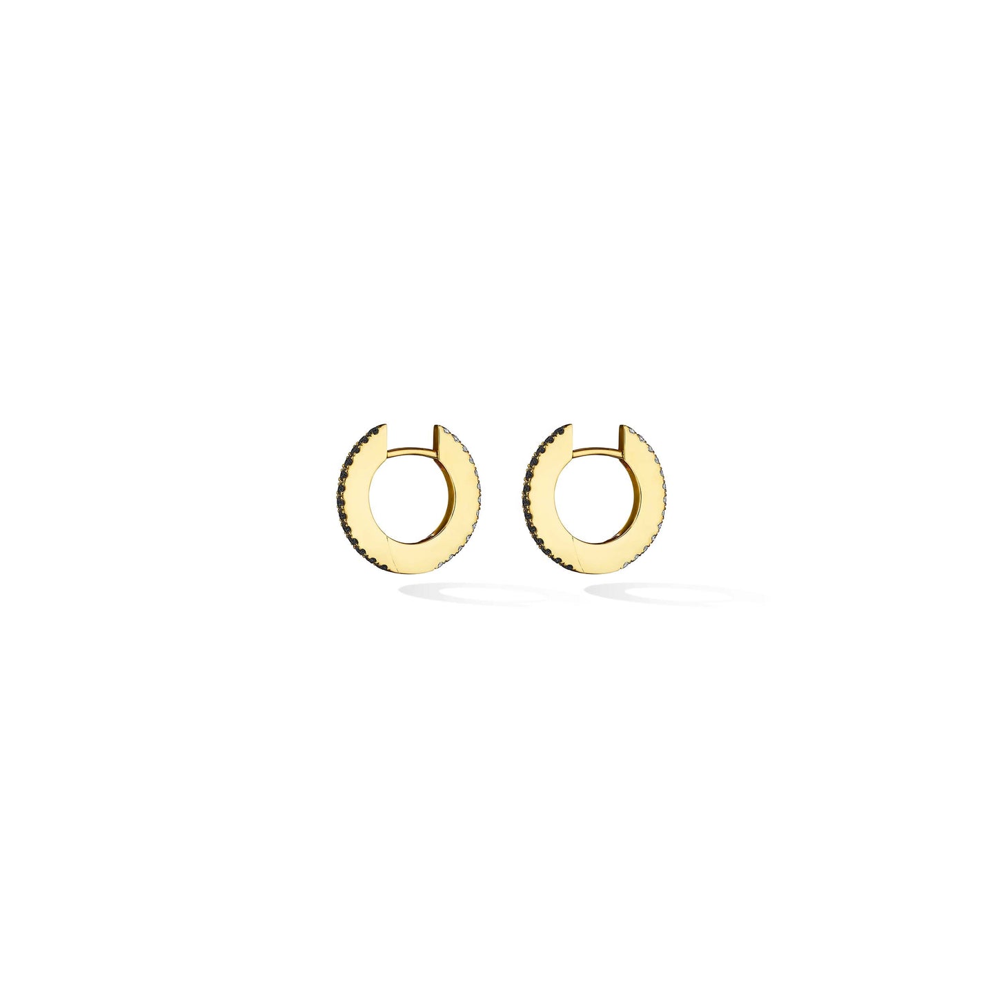 Small Yellow Gold Solo Hoop Earrings with Black and White Diamonds - Cadar