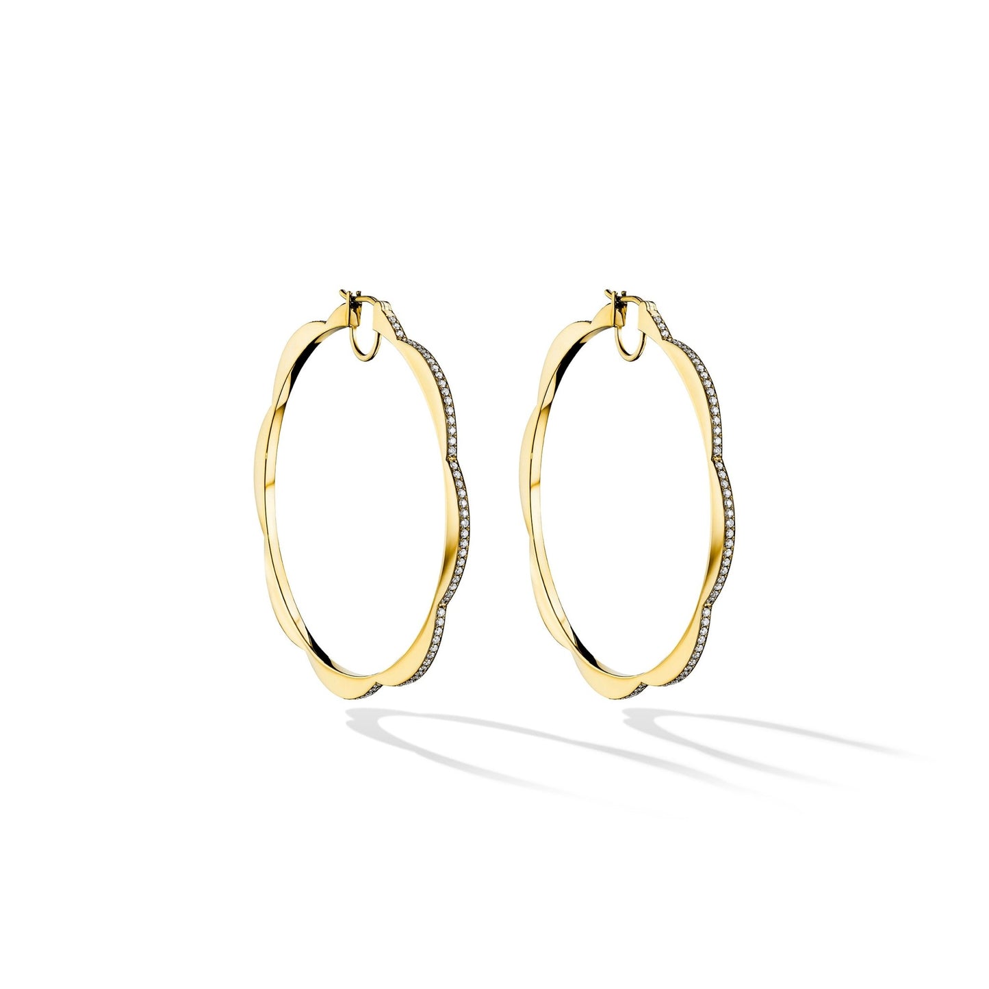 Jumbo Yellow Gold Triplet Hoop Earrings with Black and White Diamonds - Cadar