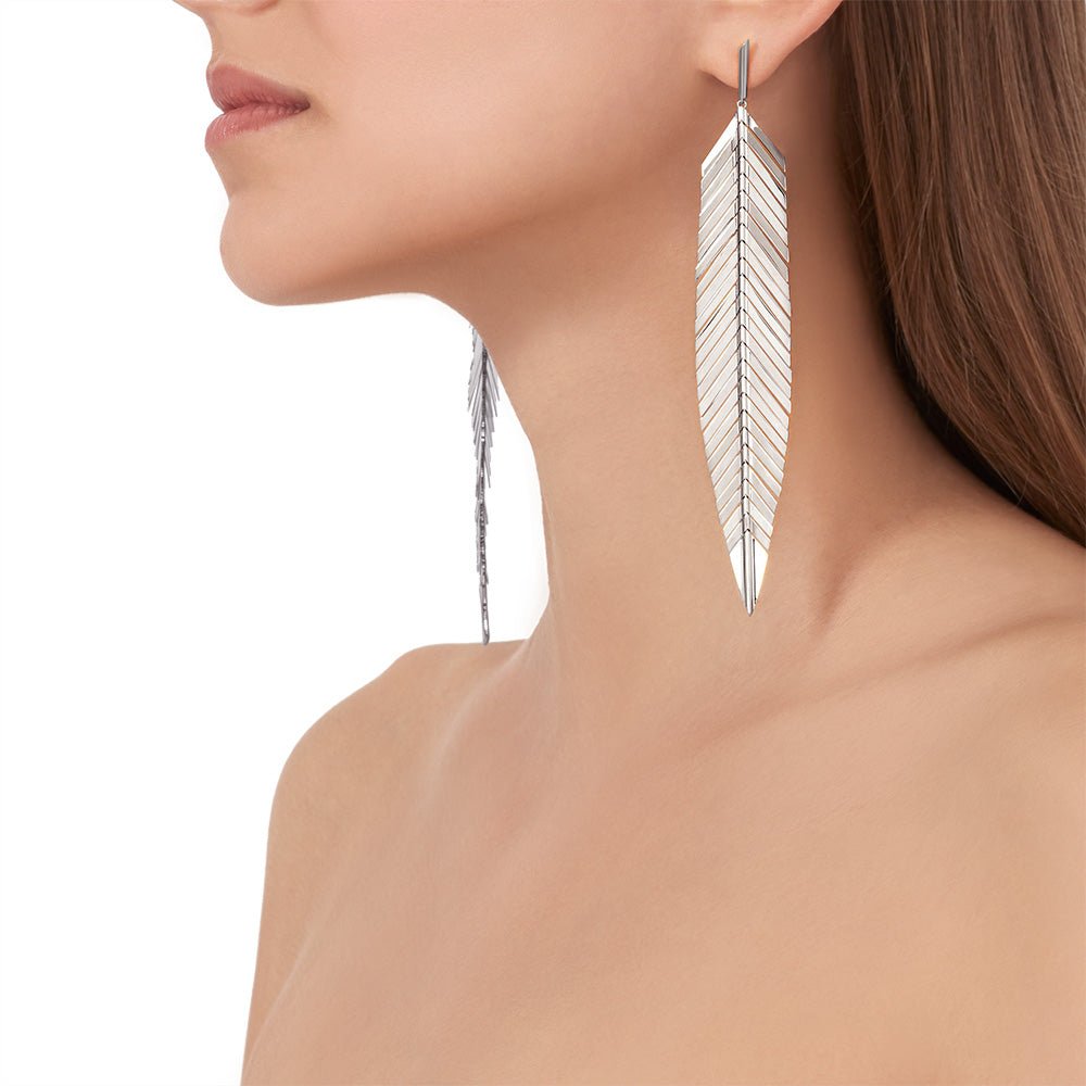 Large White Gold Feather Earrings - Cadar