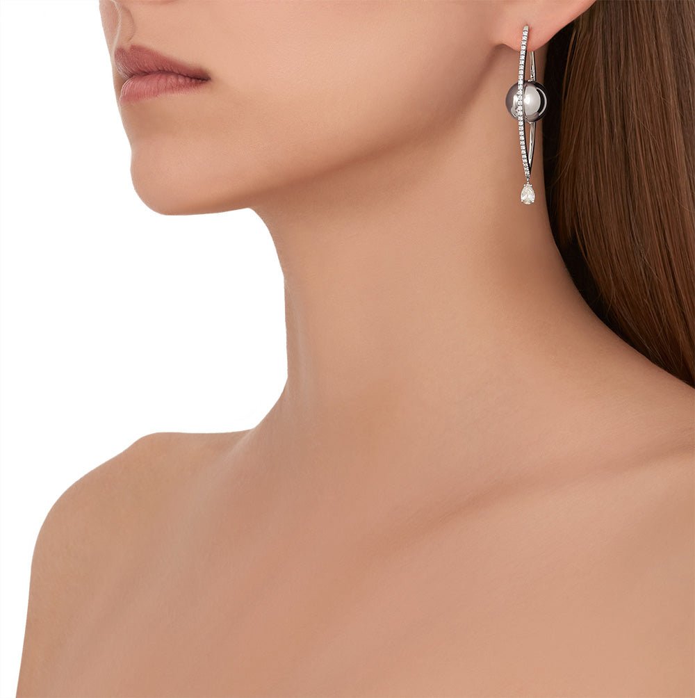 Large White Gold Reflections Hoop Earrings with White Diamonds - Cadar
