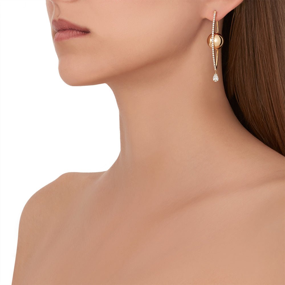 Large Yellow Gold Reflections Hoop Earrings with White Diamonds - Cadar