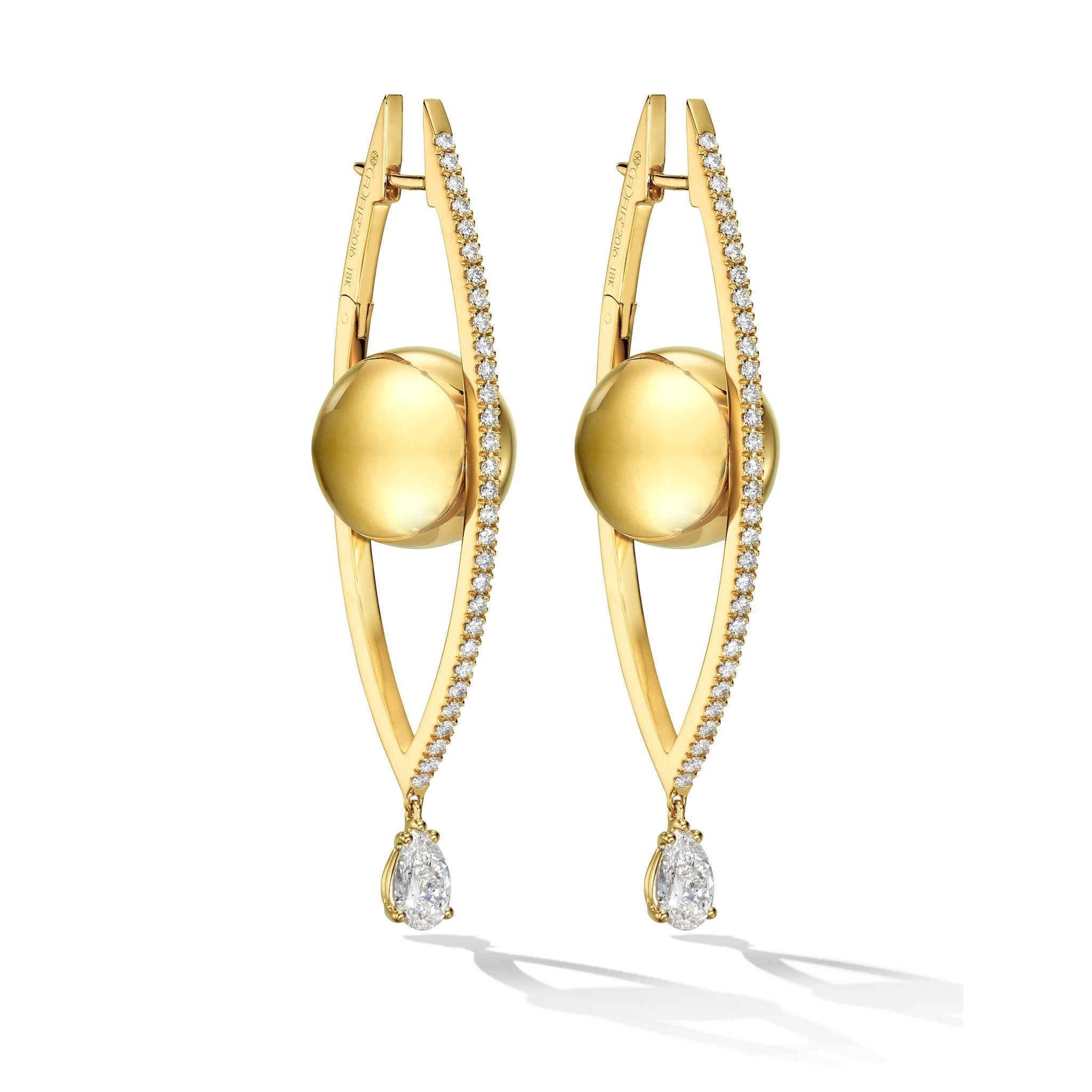 Large Yellow Gold Reflections Hoop Earrings with White Diamonds - Cadar