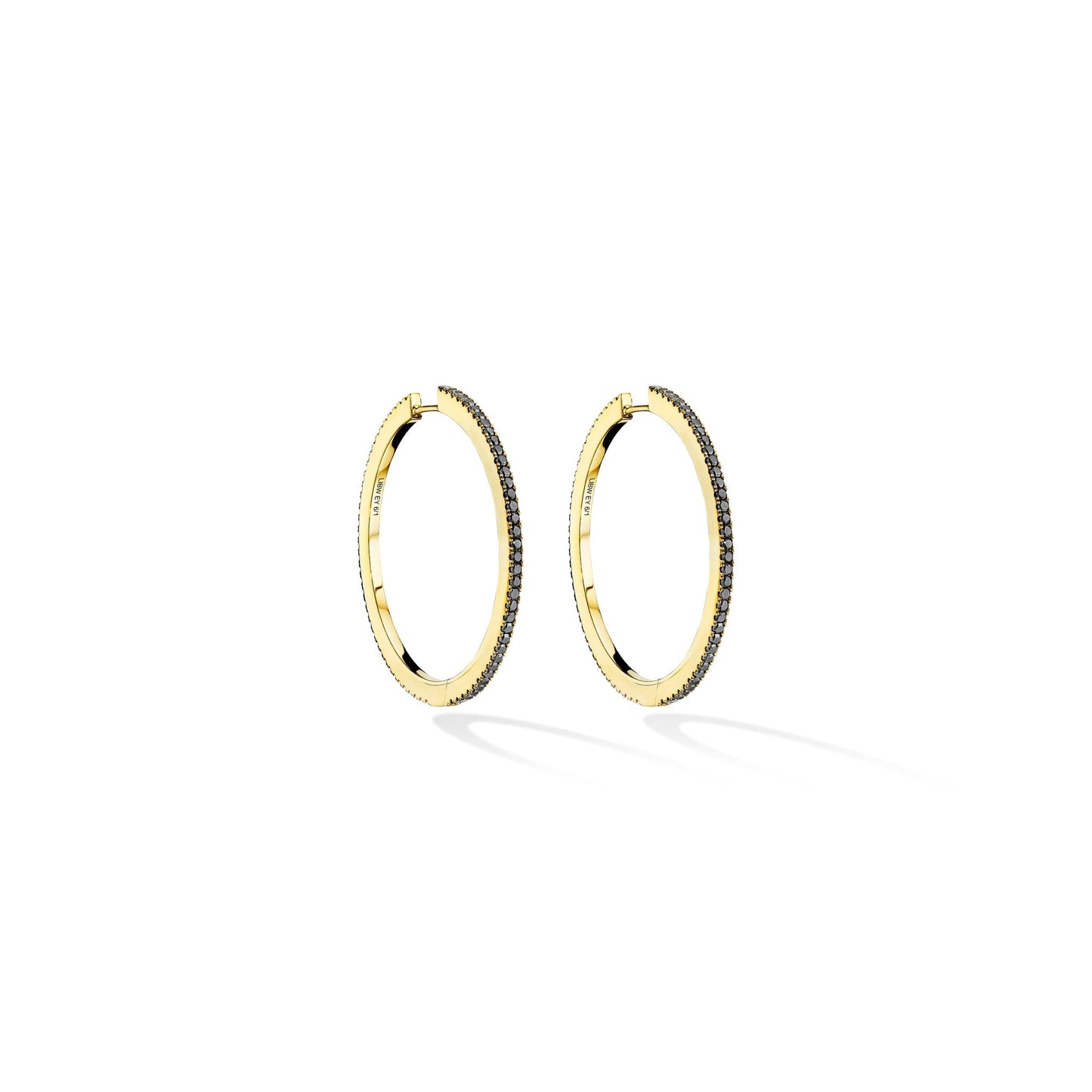 Large Yellow Gold Solo Hoop Earrings with White and Black Diamonds - Cadar