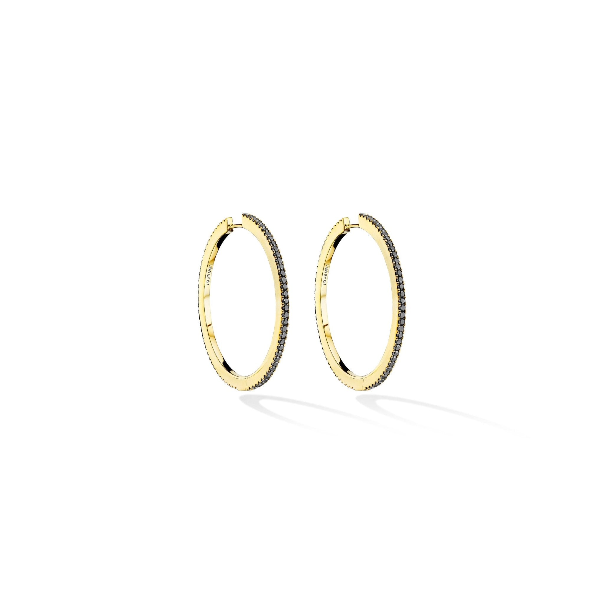 Large Yellow Gold Solo Hoop Earrings with White and Black Diamonds - Cadar