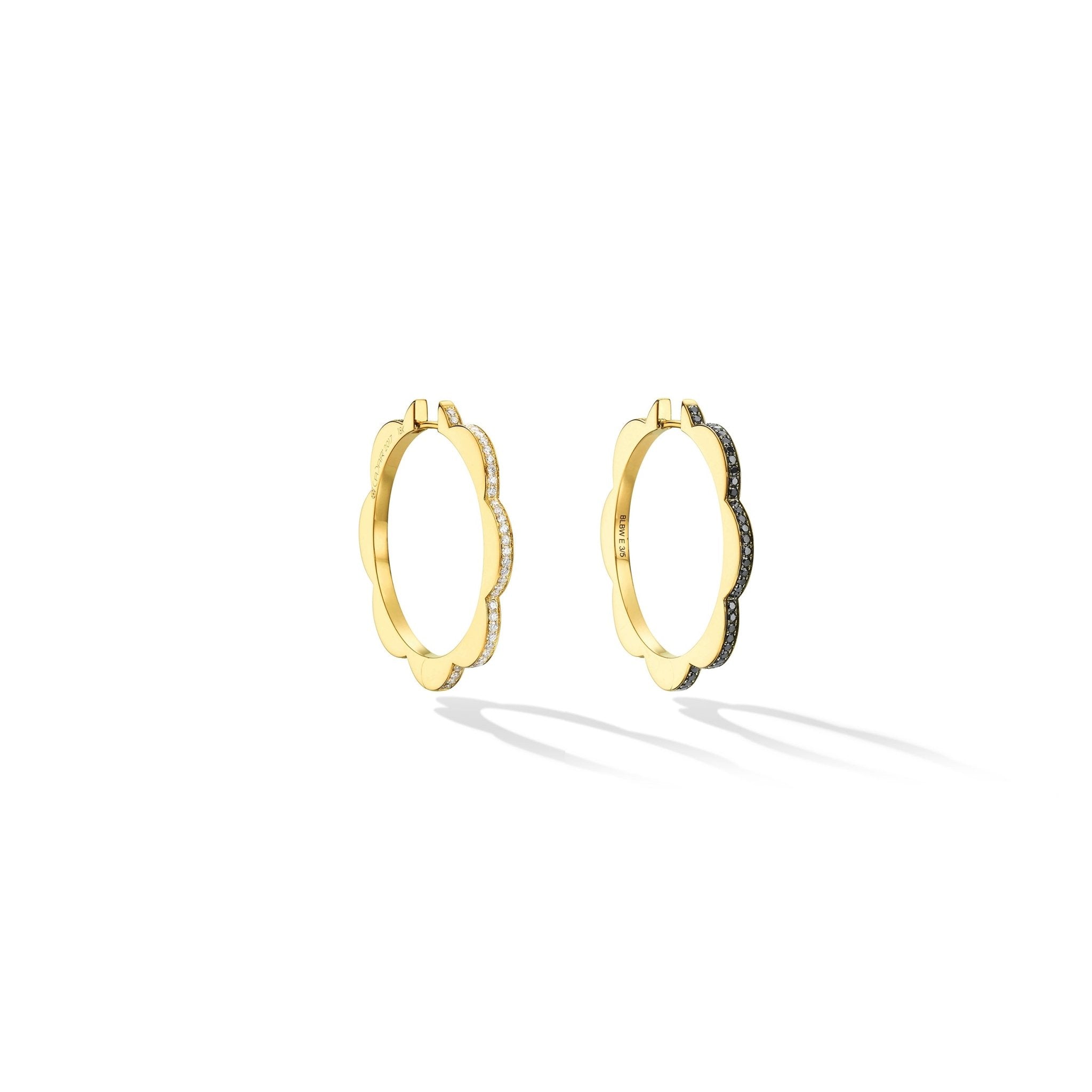Large Yellow Gold Triplet Hoop Earrings with Black and White Diamonds - Cadar