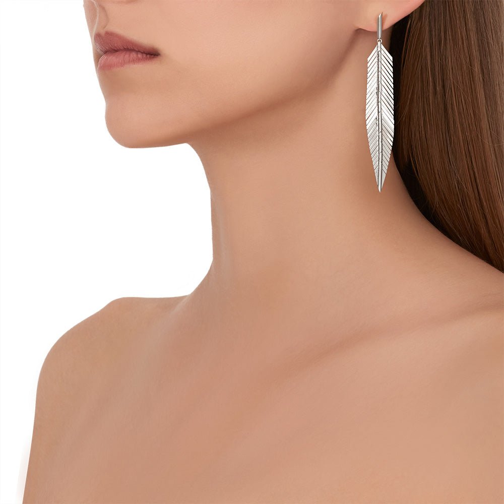 Medium White Gold Feather Earrings - Cadar