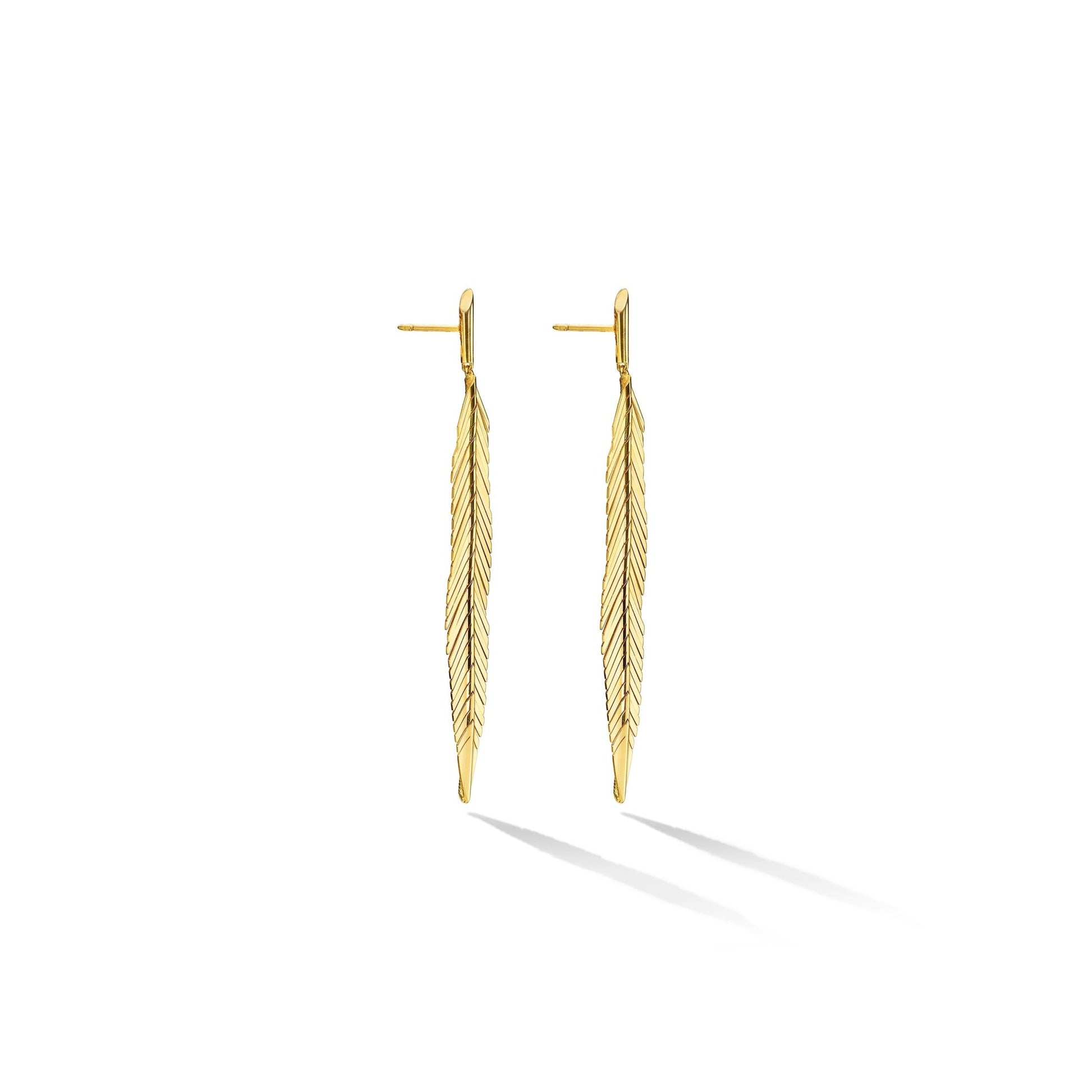 Yellow 18K Gold Feather Dangle Earrings | Dangly Gold Earrings | Cadar