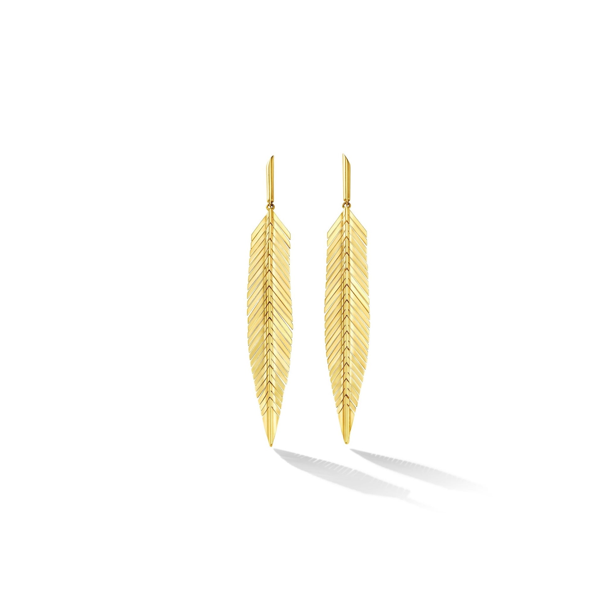 Yellow 18K Gold Feather Dangle Earrings | Dangly Gold Earrings | Cadar