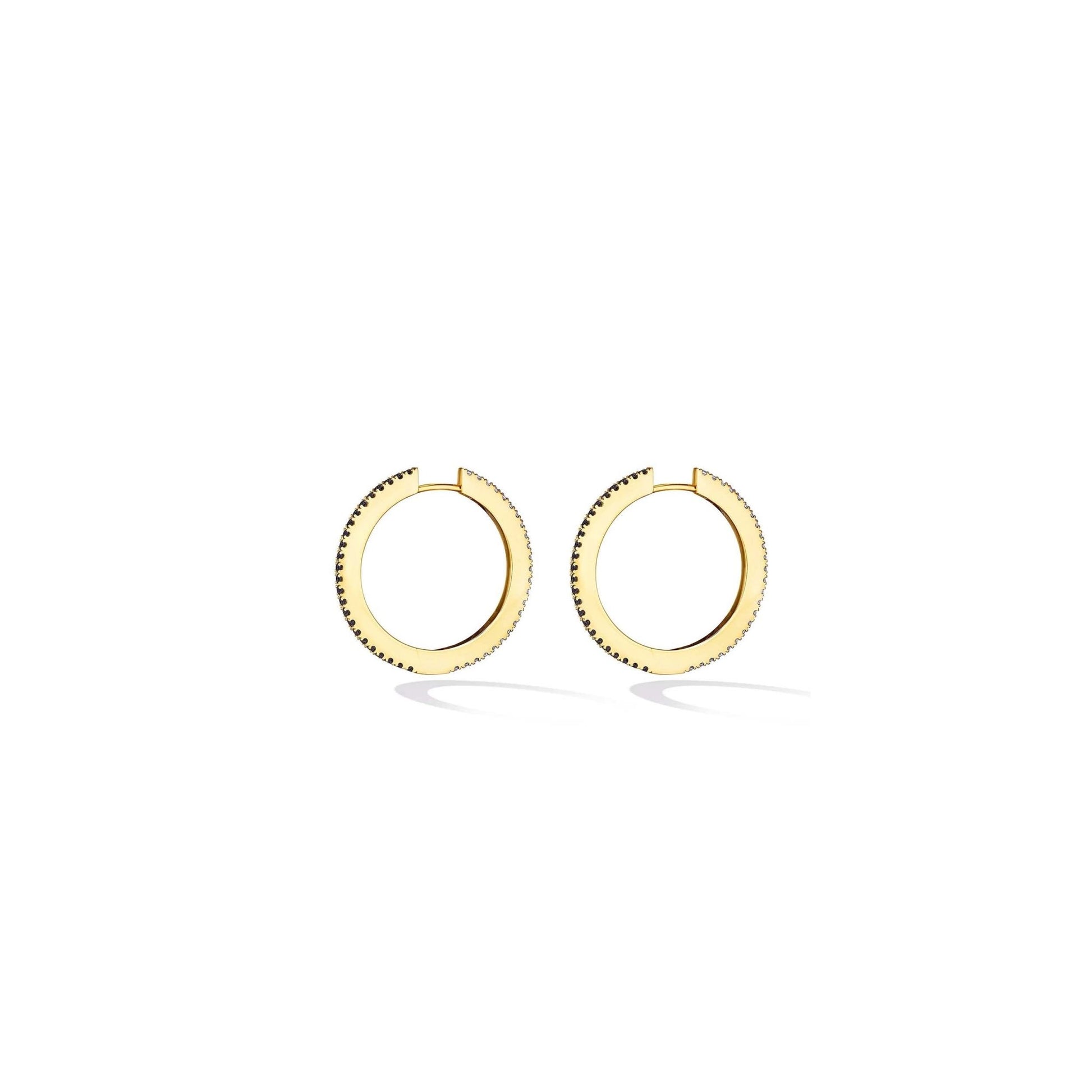 Medium Yellow Gold Solo Hoop Earrings with White and Black Diamonds - Cadar