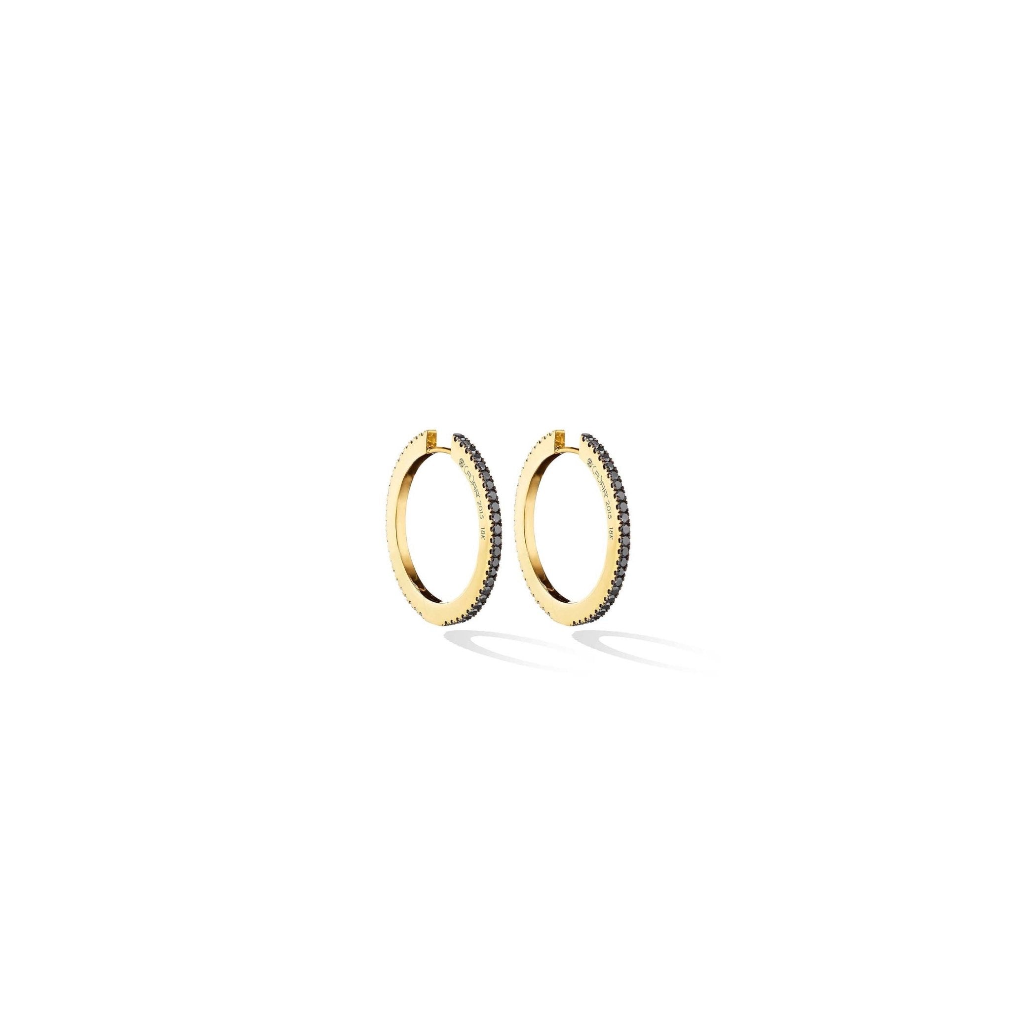 Medium Yellow Gold Solo Hoop Earrings with White and Black Diamonds - Cadar
