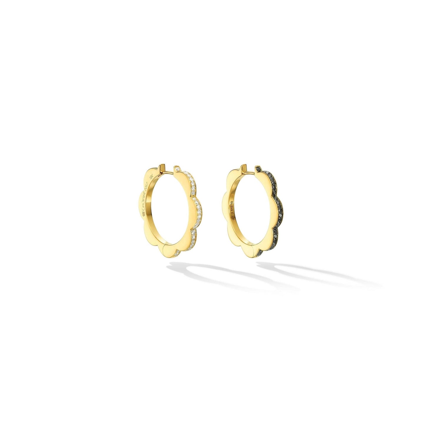 Medium Yellow Gold Triplet Hoop Earrings with Black and White Diamonds - Cadar