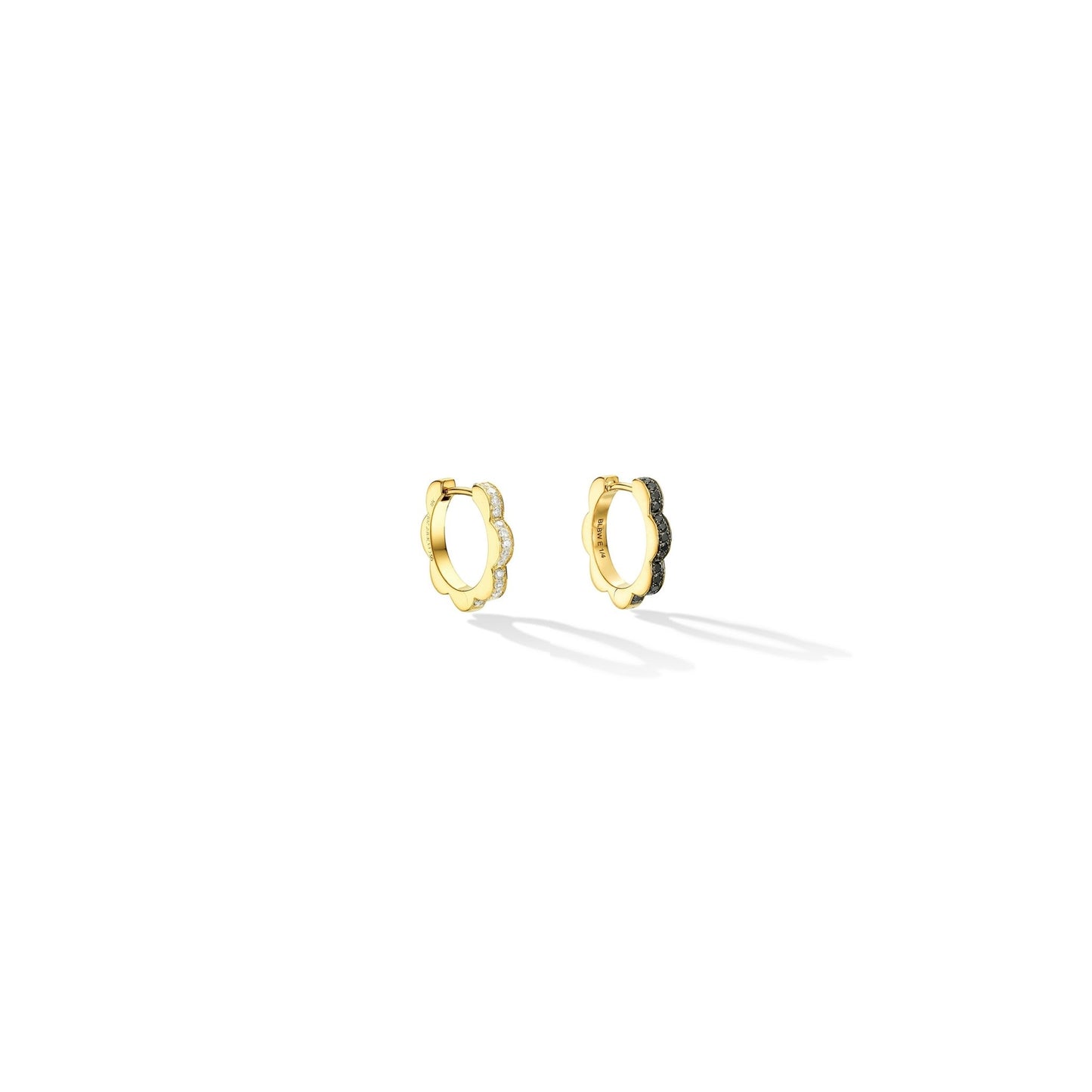 Small Yellow Gold Triplet Hoop Earrings with Black and White Diamonds - Cadar