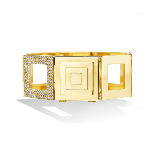 Wide Small Yellow Gold Foundation Statement Bracelet with Pave Diamonds - CADAR