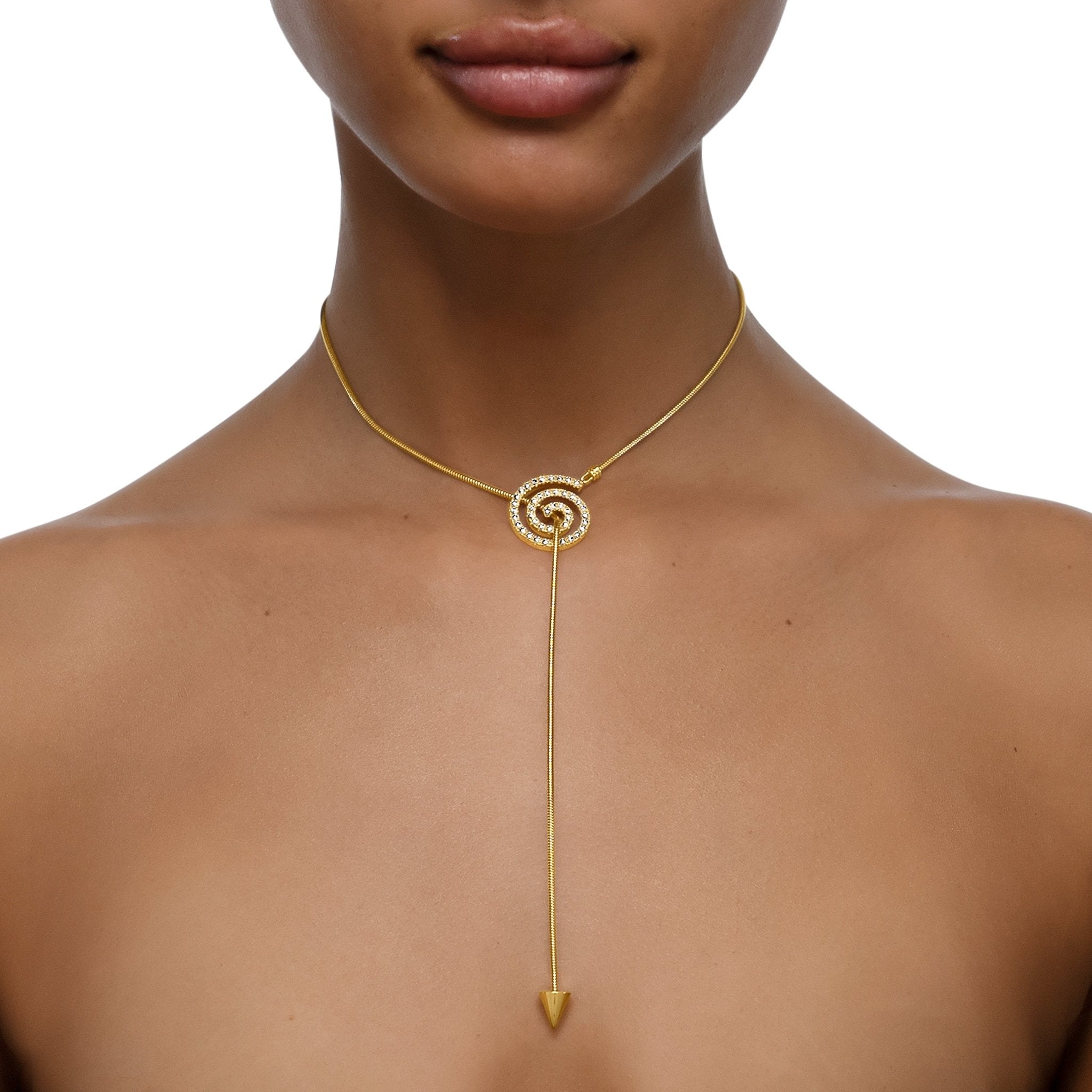 Yellow Gold Essence Spiral Lariat Necklace with Pave Diamonds - Cadar