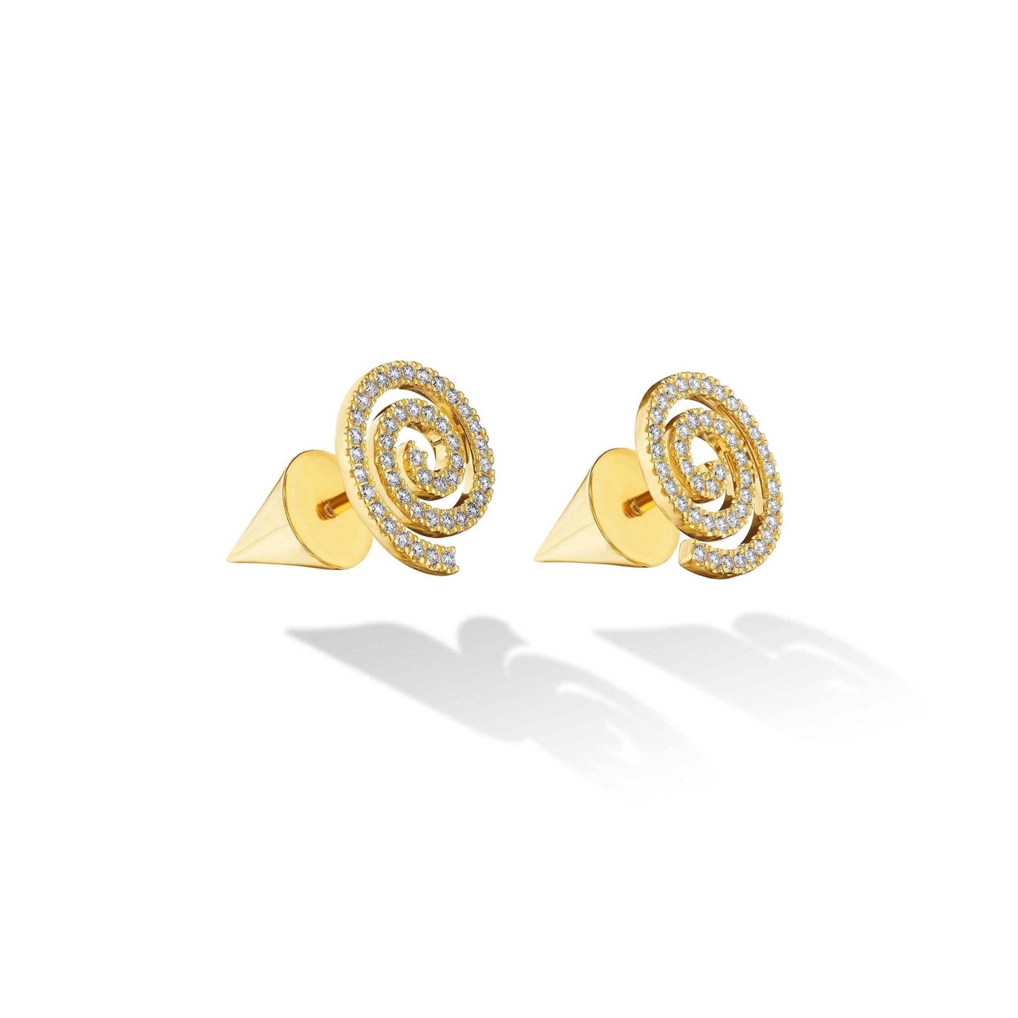 Yellow Gold Essence Stud Earrings with Cone and White Diamonds - Cadar