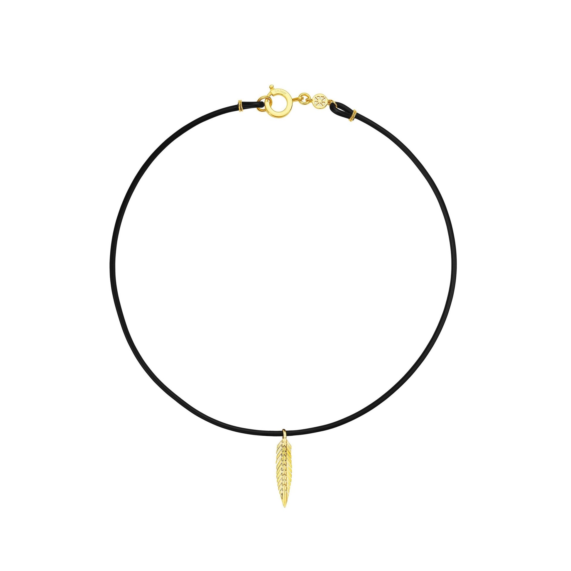 Yellow Gold Feather Pendant Necklace on Black Cord - Cadar
