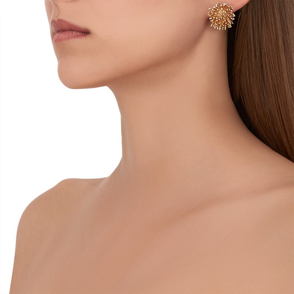 Yellow Gold Fur Stud Earrings with White Diamonds - Cadar