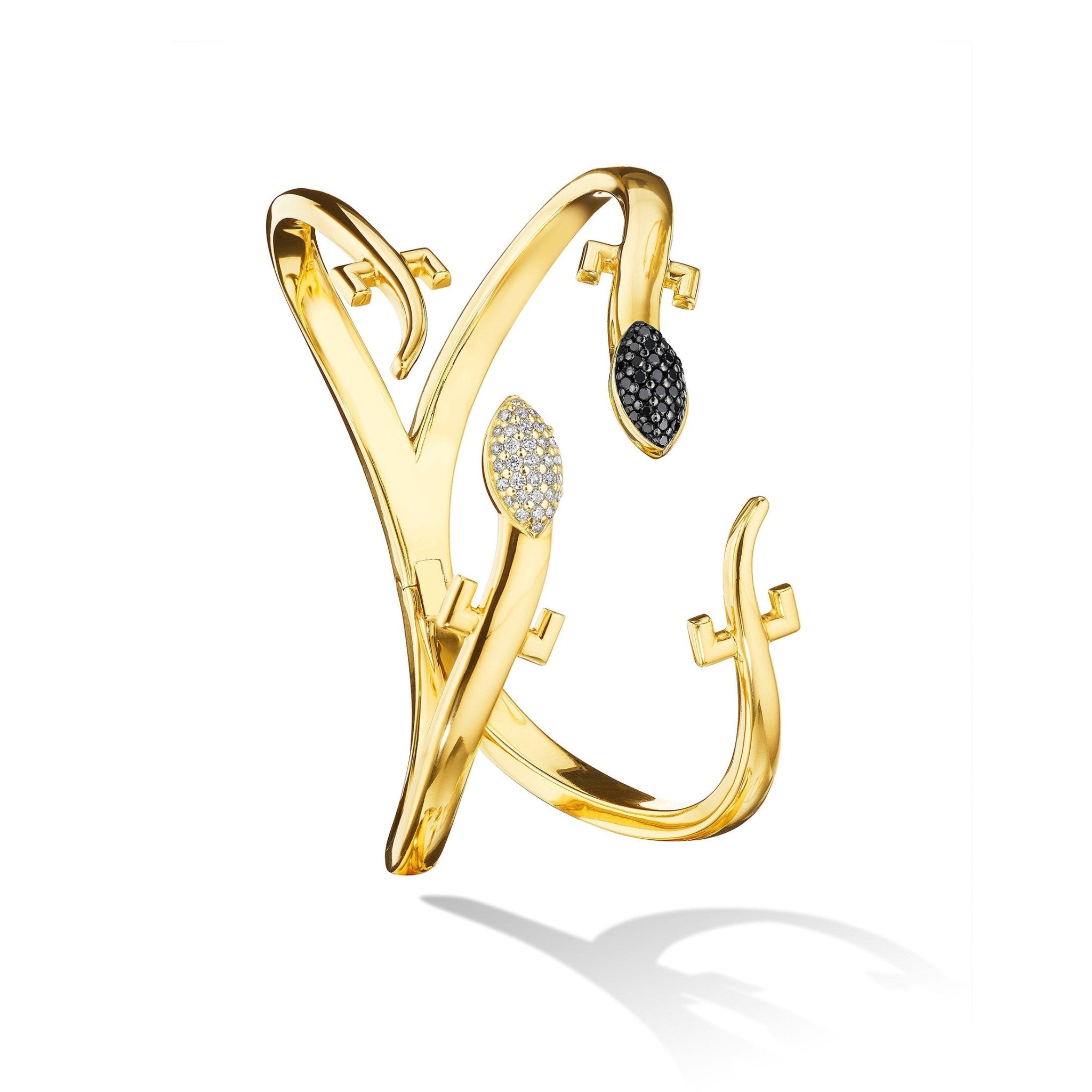 Yellow Gold Origin Statement Cuff Bracelet with White and Black Pave Diamonds - CADAR