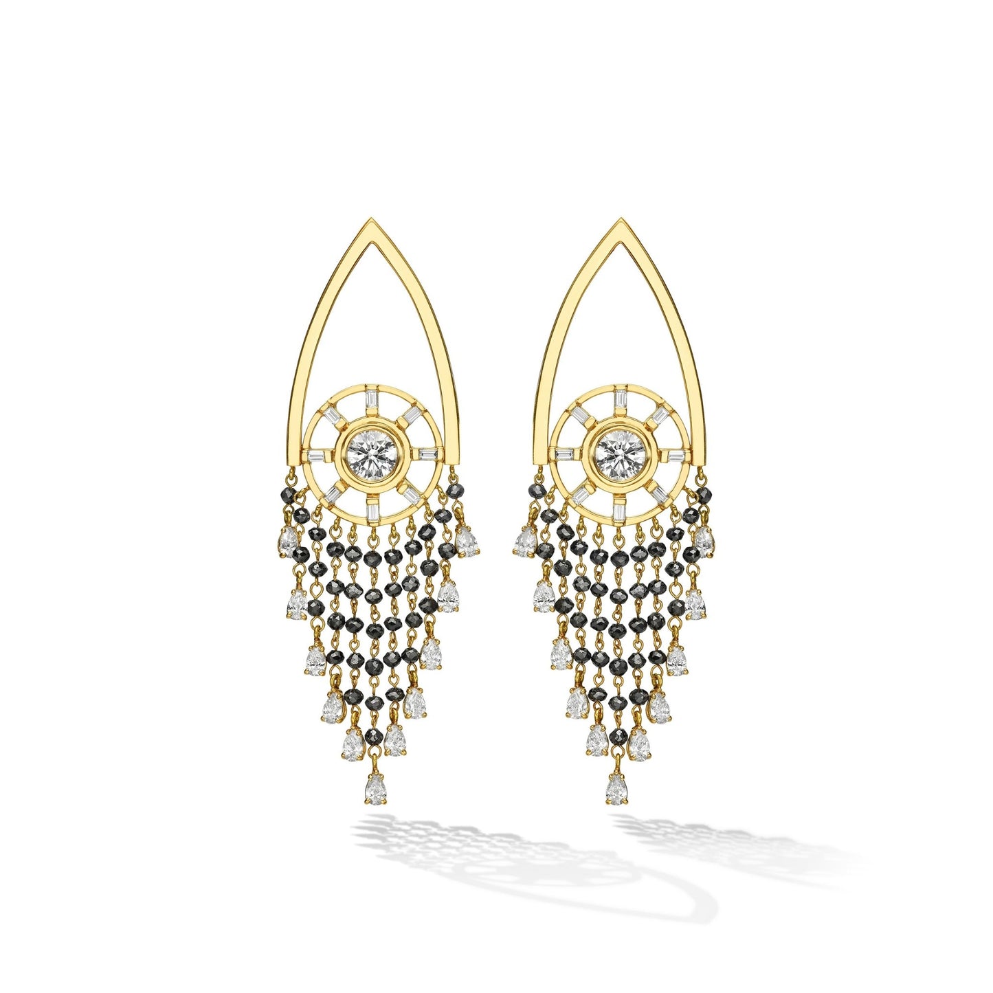 Yellow Gold Reflections Chandelier Earrings with Black and White Diamonds - Cadar