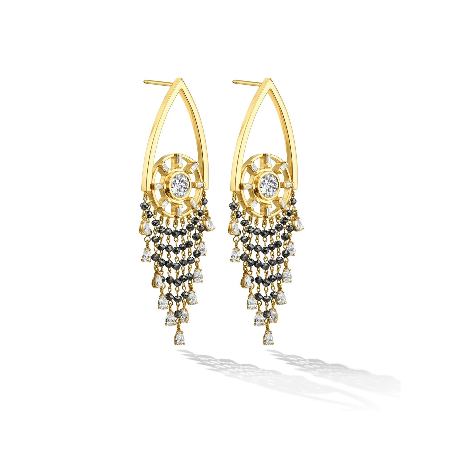 Yellow Gold Reflections Chandelier Earrings with Black and White Diamonds - Cadar
