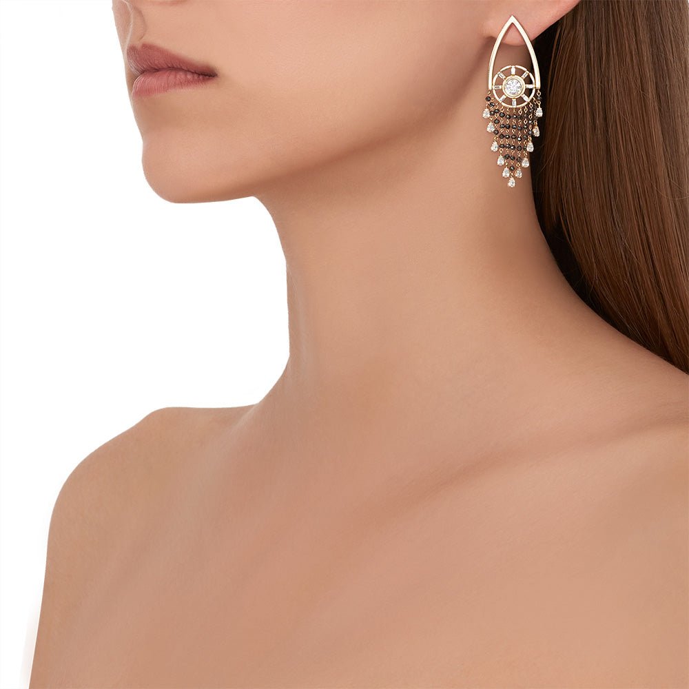 Yellow Gold Reflections Chandelier Earrings with Black and White Diamonds - Cadar