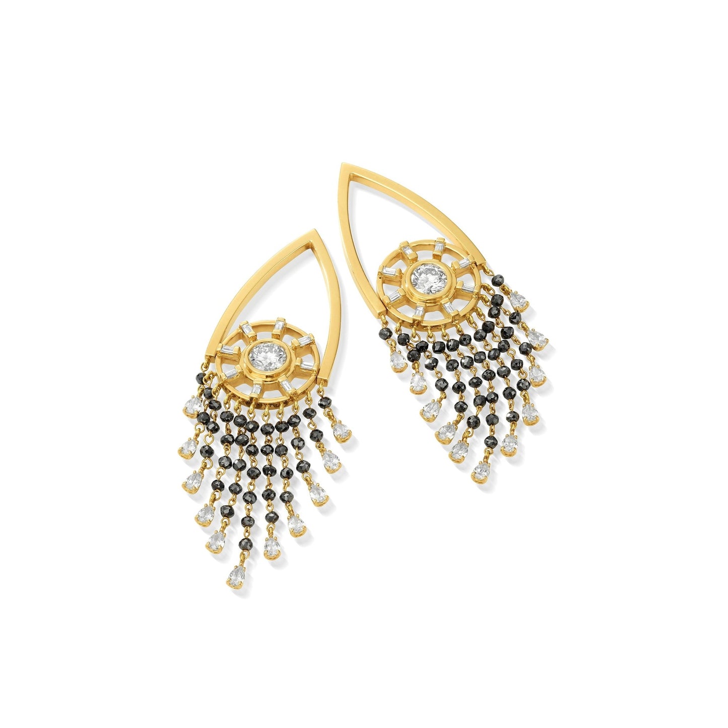 Yellow Gold Reflections Chandelier Earrings with Black and White Diamonds - Cadar