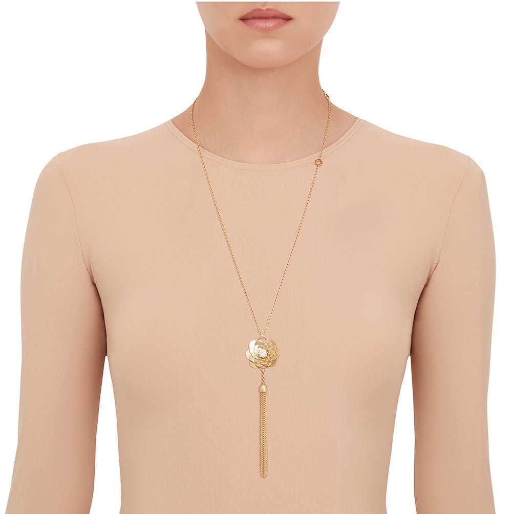 Yellow Gold Trio Pendant Tassel Necklace with White Diamonds - Cadar