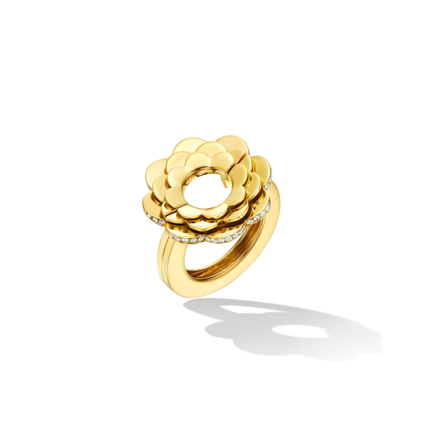 Yellow Gold TU Trio Flower Engagement Ring Enhancer with White Diamonds - Cadar