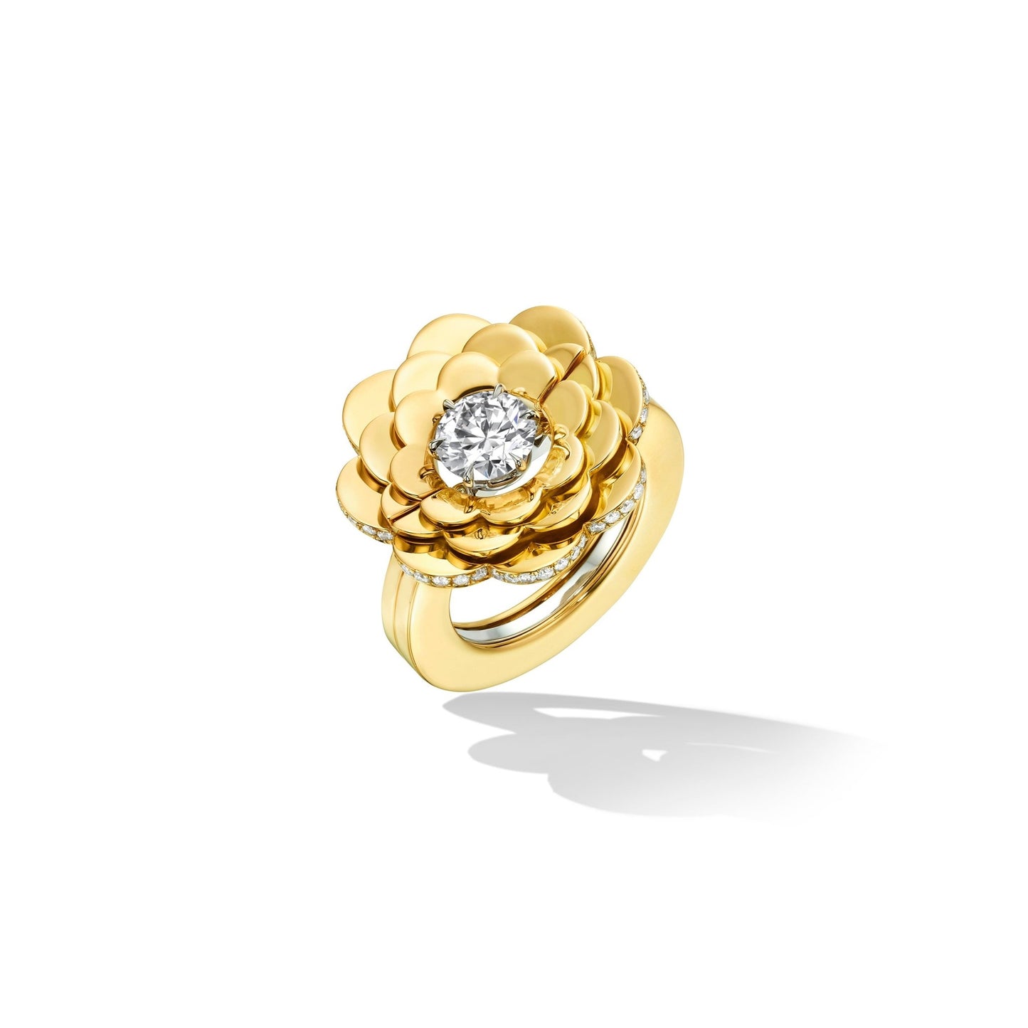 Yellow Gold TU Trio Flower Engagement Ring Enhancer with White Diamonds - Cadar